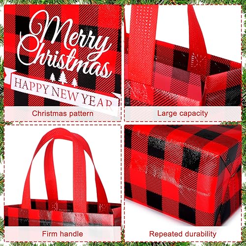 Miniatura 3 de Paterr Paquete de 24 bolsas de regalo de Navidad de 12 pulgadas, bolsas de regalo a cuadros de búfalo con asas, bolsas de regalo no tejidas, bolsas