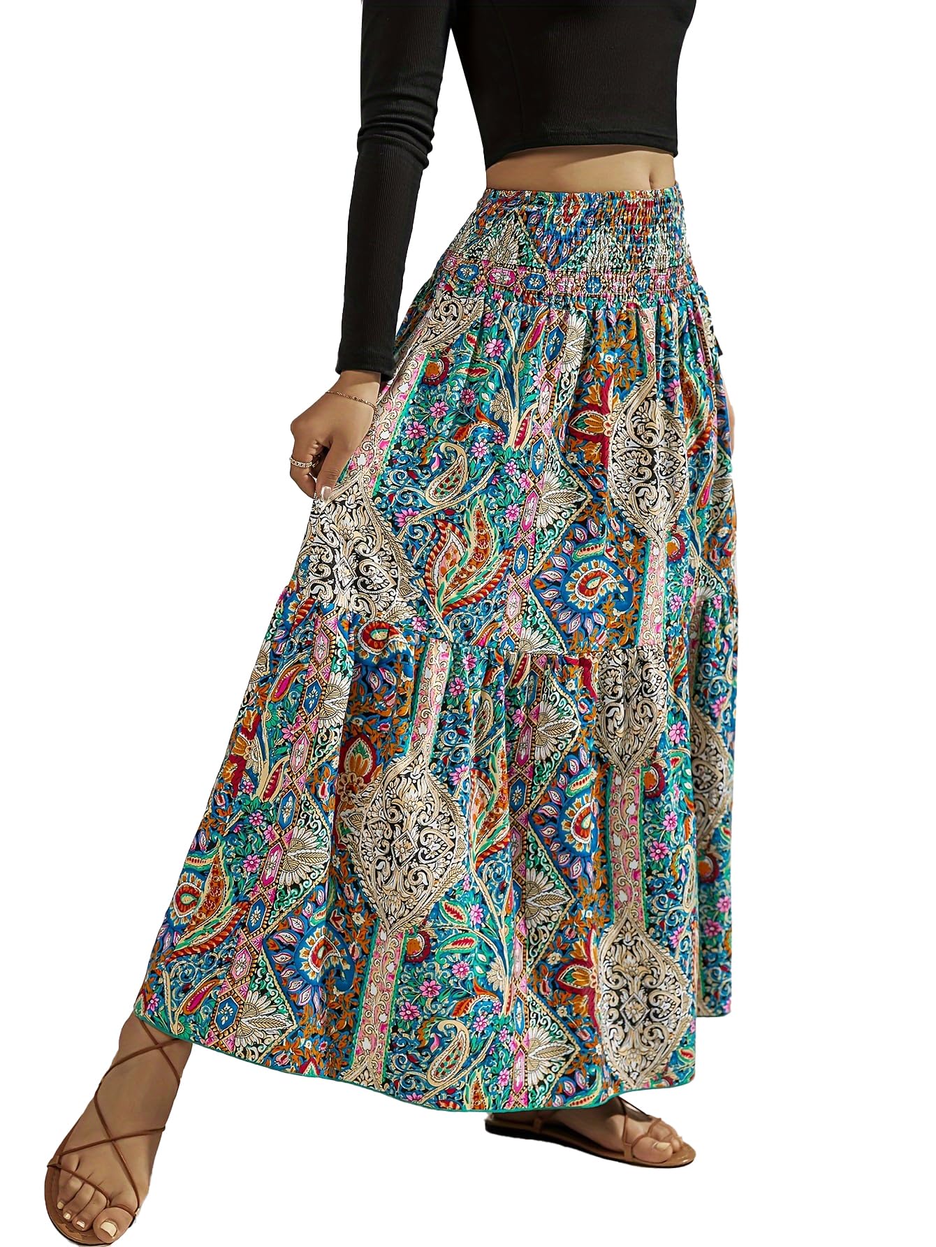 YHYJMY Women's Boho Skirt Elastic High Waist Pleated A-Line Flared Maxi Skirts Womens Flowy Long Skirts