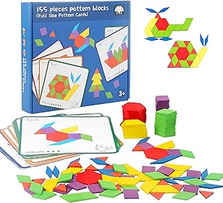 Misitti 155 PCS Wooden Pattern Blocks Set, 24 Double-Sided Design Cards(48 Patterns) Geometric Shape Puzzle Fun Tangram Mo...