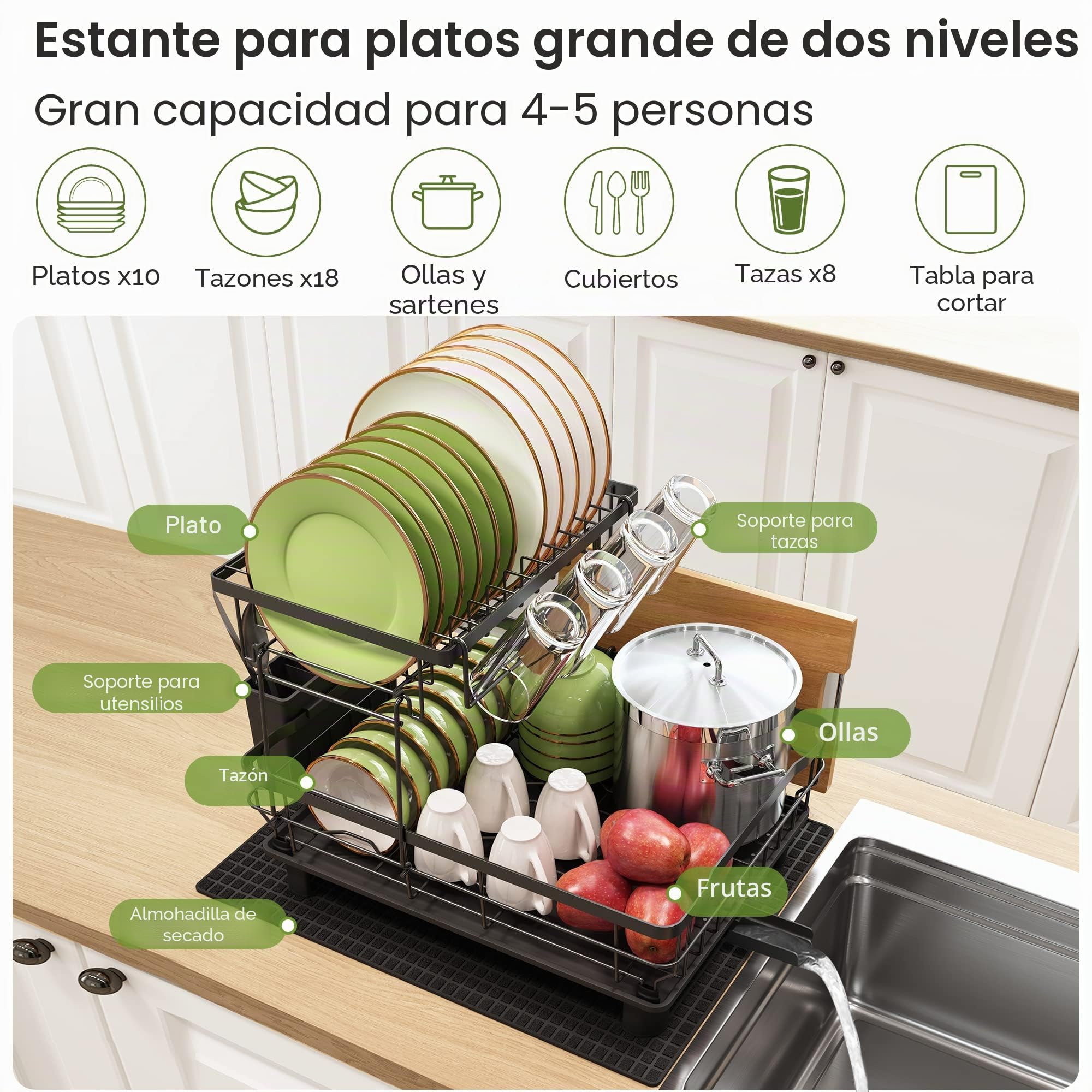 Boosiny Escurreplatos Acero Inoxidable con Drenaje, Escurridor de Platos Grande para Poner en encimera con desagüe Automático, Soporte para Utensilios, Tabla de Cortar, Portavasos, 2 Niveles, Negro