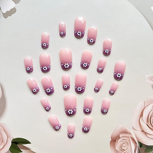 Miniatura 2 de Uñas postizas cuadradas azules con diseños de flores, uñas acrílicas de longitud media, uñas adhesivas de verano, uñas con pegamento para