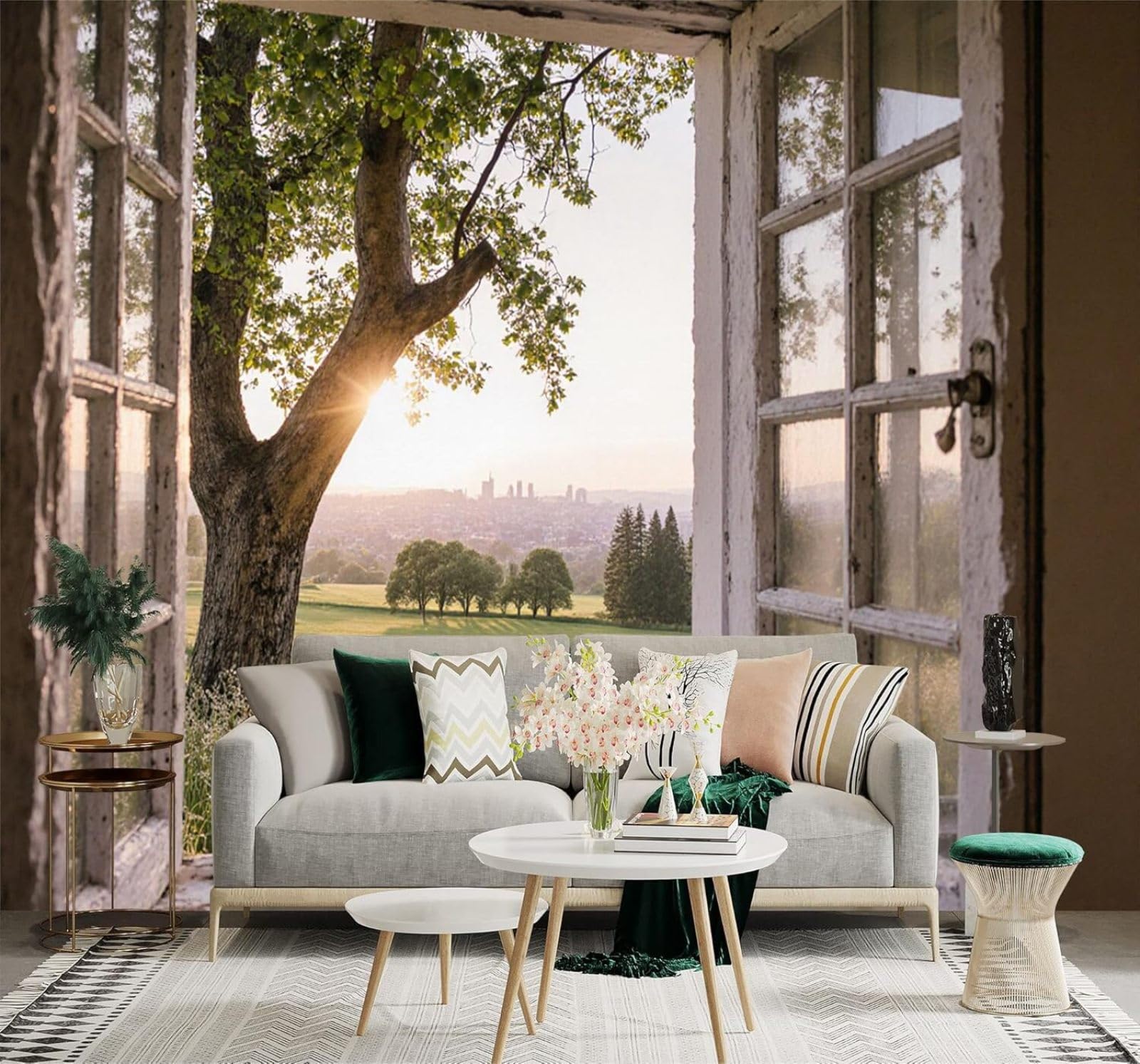 Xlming 300Cm×210Cm(B×H) Sunrise View Through A Window; Trees; Grass; Distant Cityscape 3D Wallpaper Premium Textured Silk Study Dining Living Room Bedroom Sofa Tv Wall Easy Install-300Cm×210Cm
