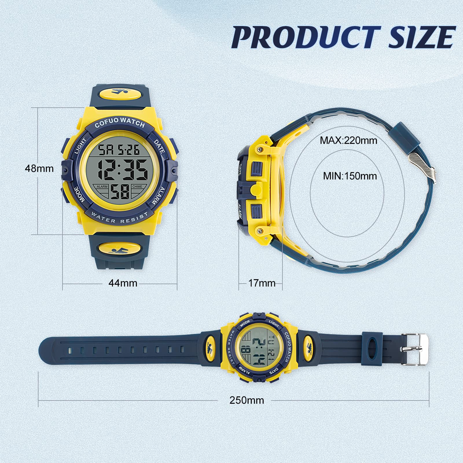 cofuo Orologio sportivo digitale per bambini e ragazzi, impermeabile, casual, elettronico, al quarzo, 7 LED colorati, con sveglia, cronometro, cinturino in silicone luminoso
