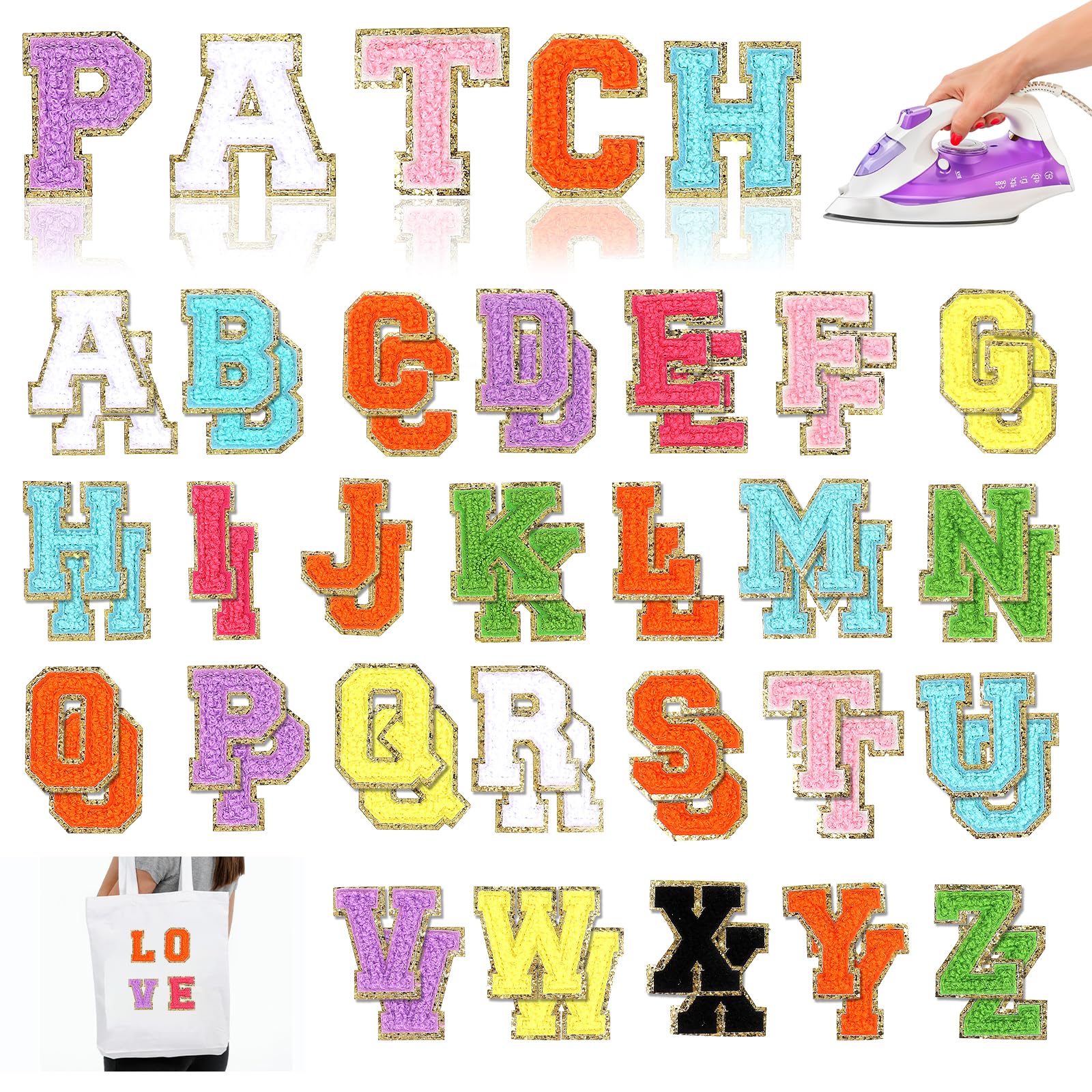 52Pcs Iron on Letter Patches Colorful Chenille Embroidered Patches Self Adhesive with Gold Glitter Border Chenille Letter Patches Iron On for Clothes Backpacks Hats Fabric Bags Jacket DIY Shirts