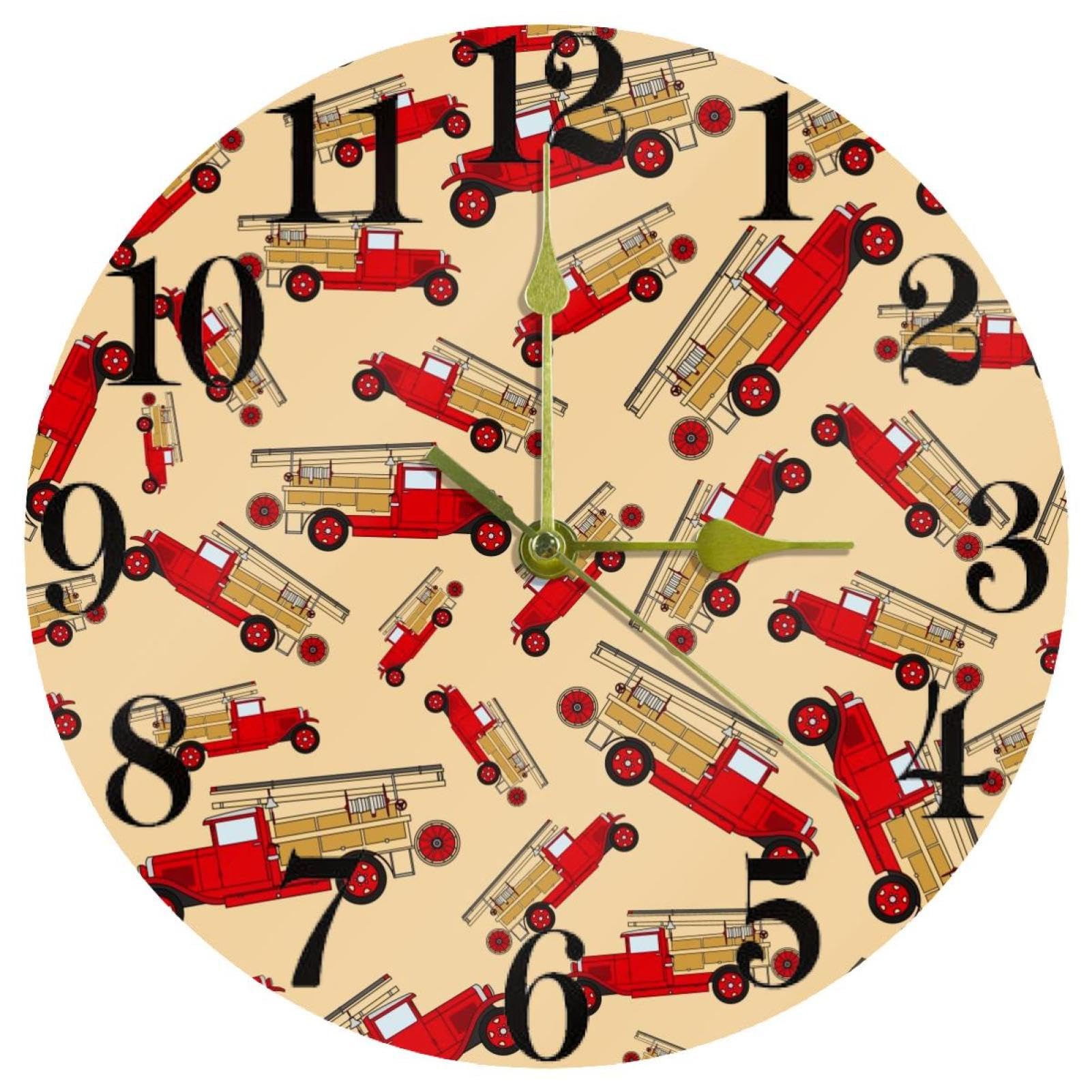 Horloge murale silencieuse à quartz avec grand cadran camion de pompiers