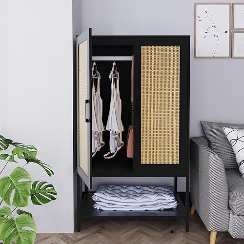 Miniatura 6 de BOCVKENN Armario de ropero, Armario de ratán para dormitorio con 2 puertas, armario de madera con estantes y barra para colgar ropa, negro