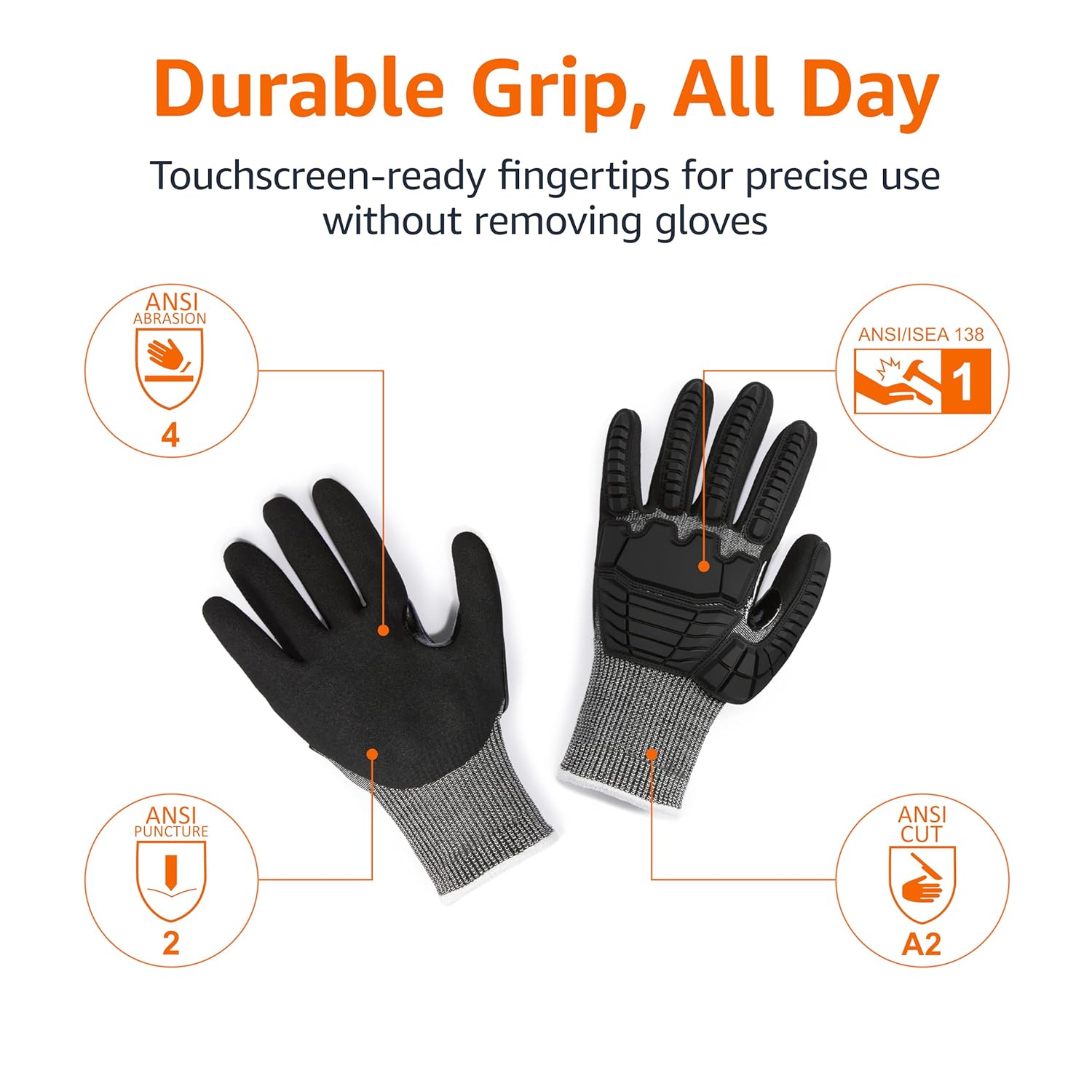 Amazon Basics Impact Protection Work Gloves - Cut Level A2, ANSI Level 4 Abrasion, Touchscreen Compatible, 15G Sandy Nitrile Palm, X-Small, 100 Pack, Black with White Edge