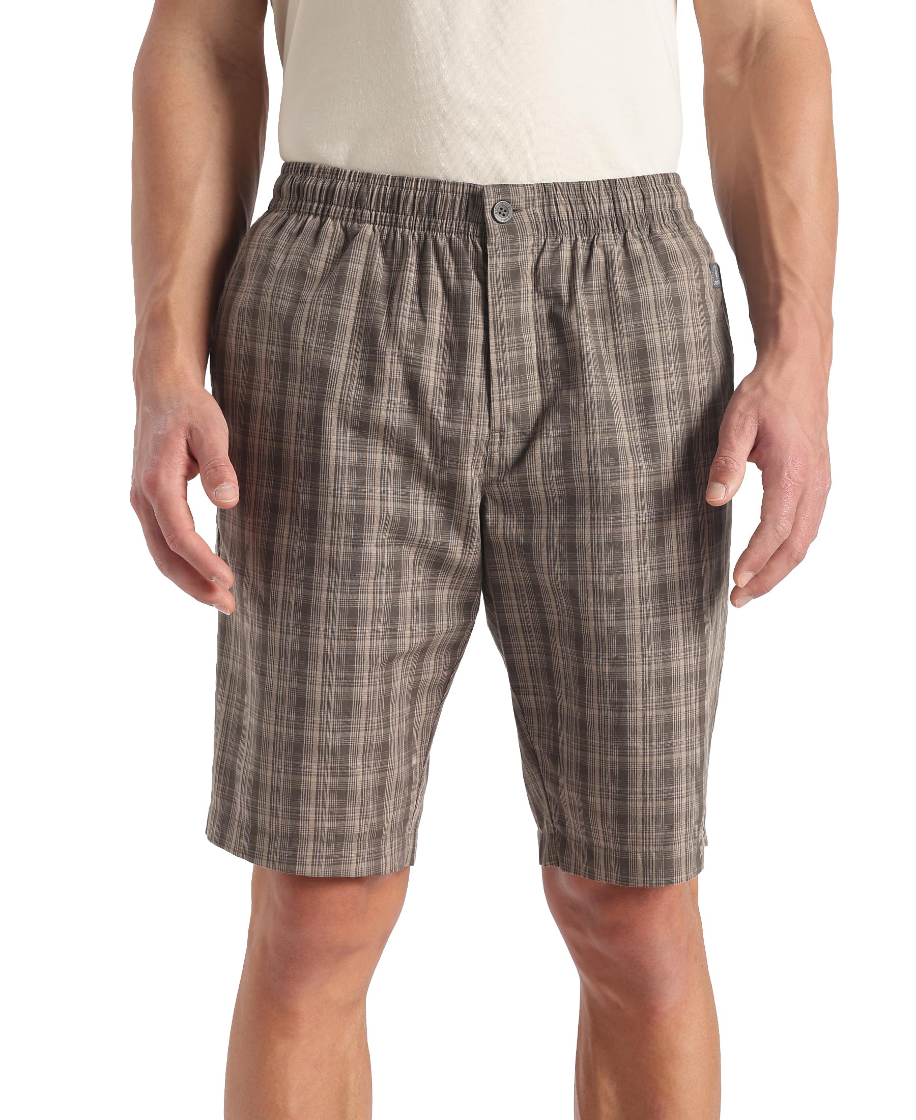 9005 Men's Super Combed Mercerized Cotton Woven Fabric Regular Fit Checkered Bermuda with Side Pockets_Black Olive_XL