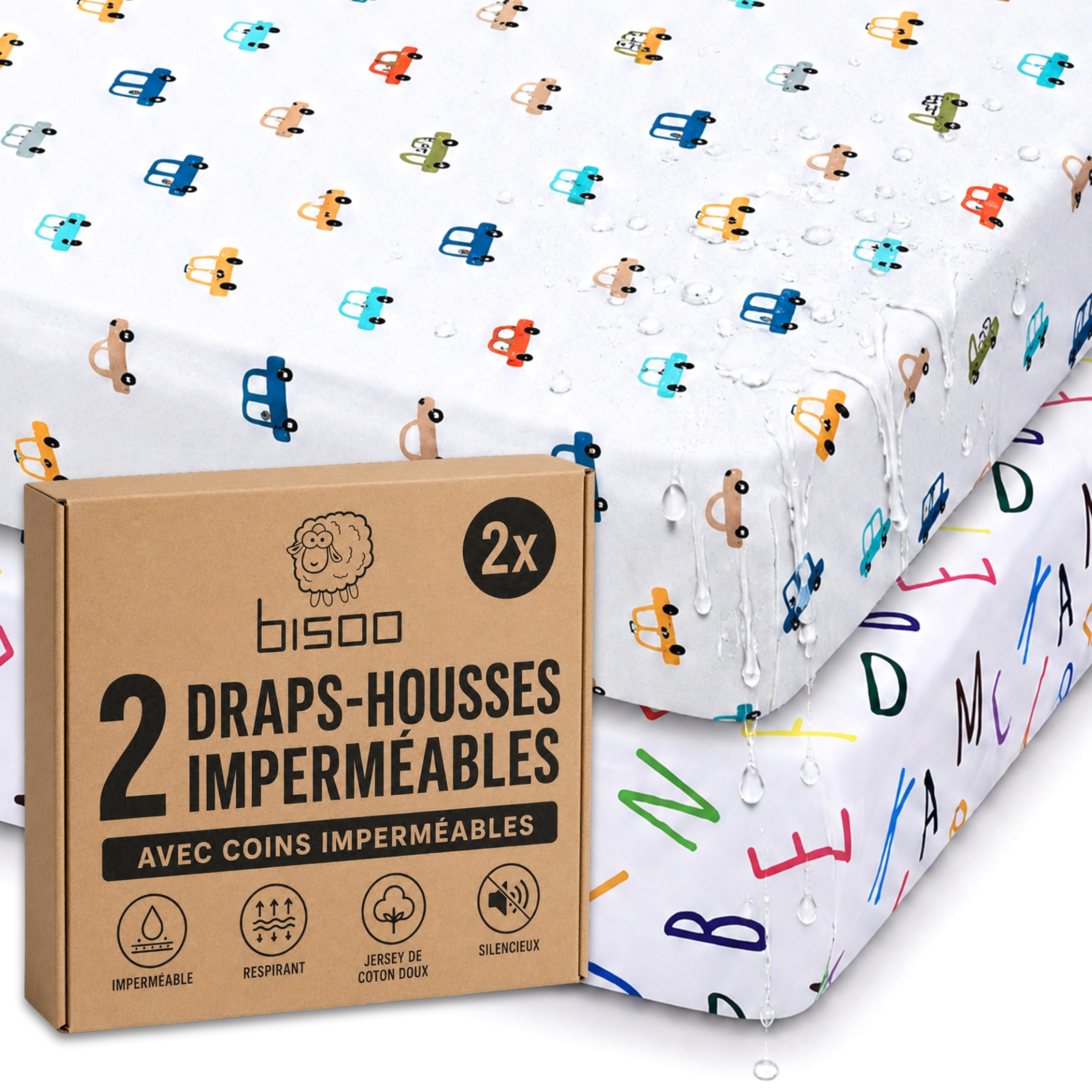 Bisoo Drap Magique. Drap-Housse 90x200 Lettres + Voitures pour Lit 1 Place