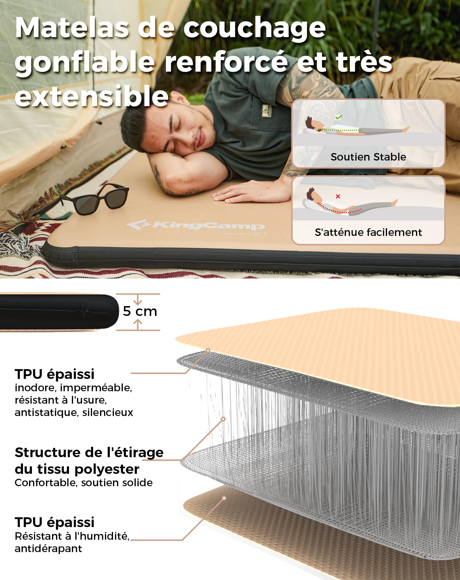 KingCamp Matelas Camping Gonflable 1 Personne 500kg Portable Confort 5cm | Matelas Air, Compact, Léger, Robuste, Stable, TPU, Silencieux, Imperméable, pour Tente Auto Lit Invité Randonnée 200x75cm