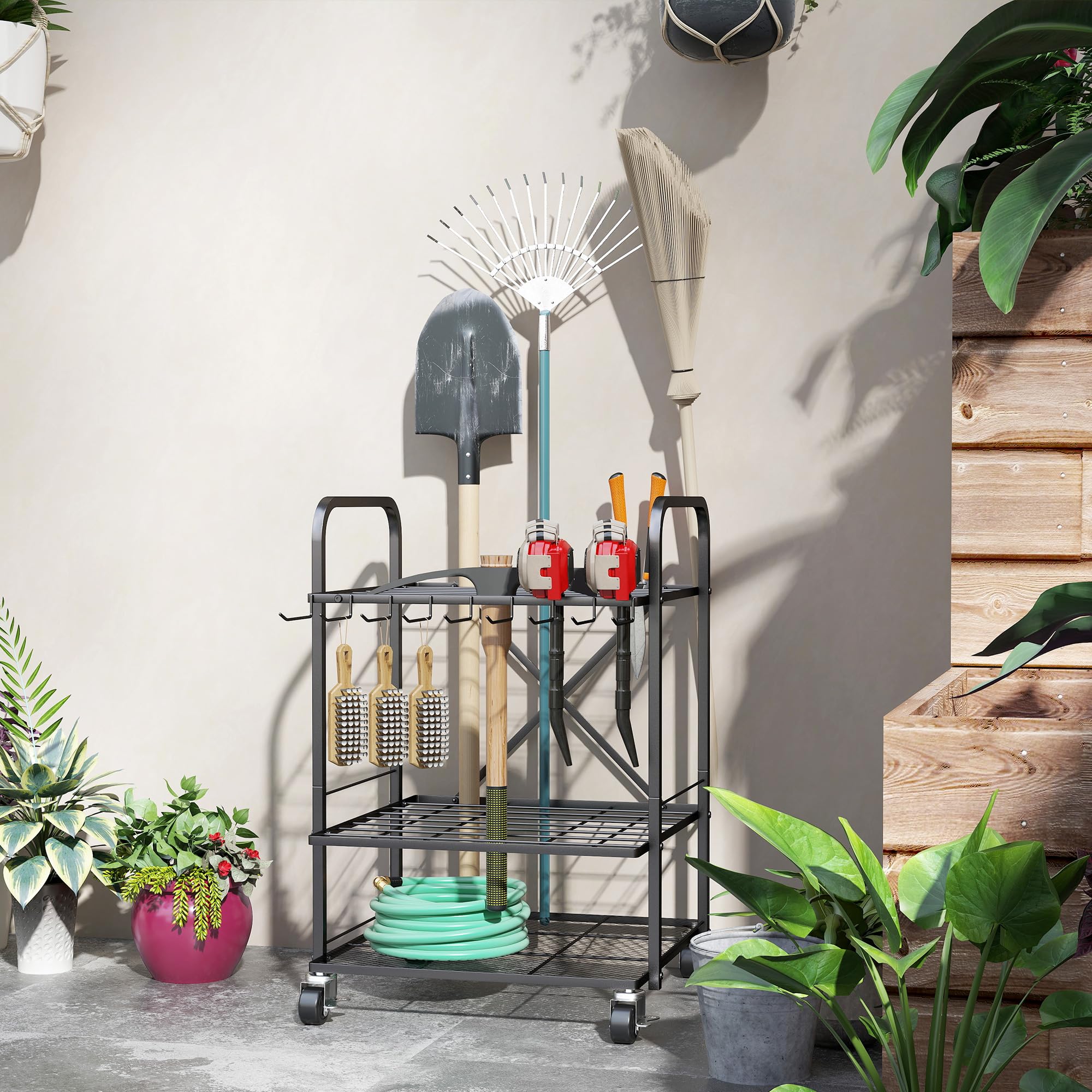 Outsunny Organisateur d'outils de Jardin avec 9 Crochets, Support à Outils de Jardin 40 Compartiments, Porte-Outils de Garage en métal sur roulettes pour sécateurs, pelles, râteaux, Noir
