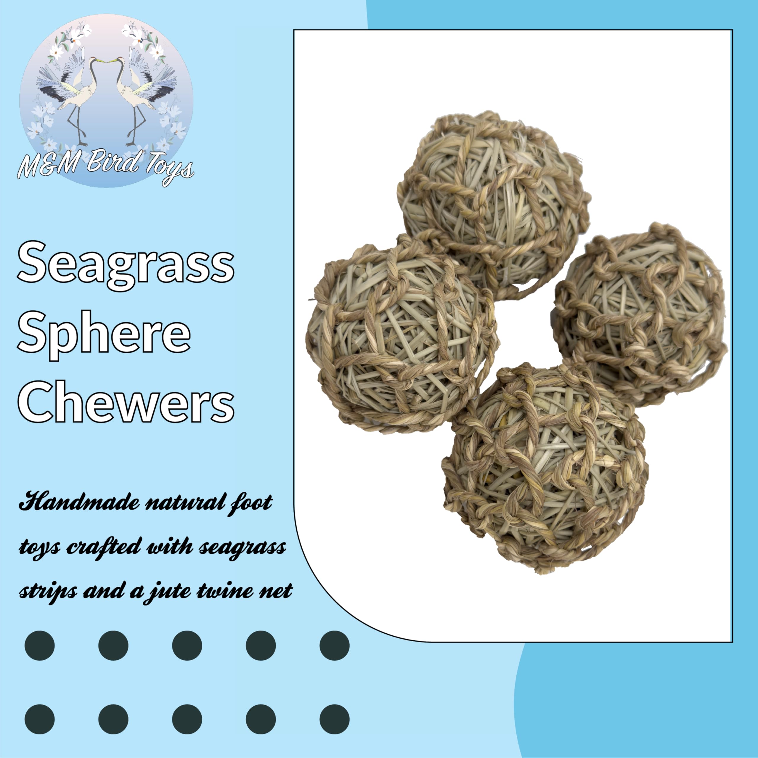 5018 Pk8 Seagrass Sphere Chewers – Handwoven Natural Foraging & Chew Toys for Parrots– Shreddable Bird Foot Toys – Enrichment & Cage Toys for Small & Medium Birds - Made with Natural Seagrass Strips - image 2