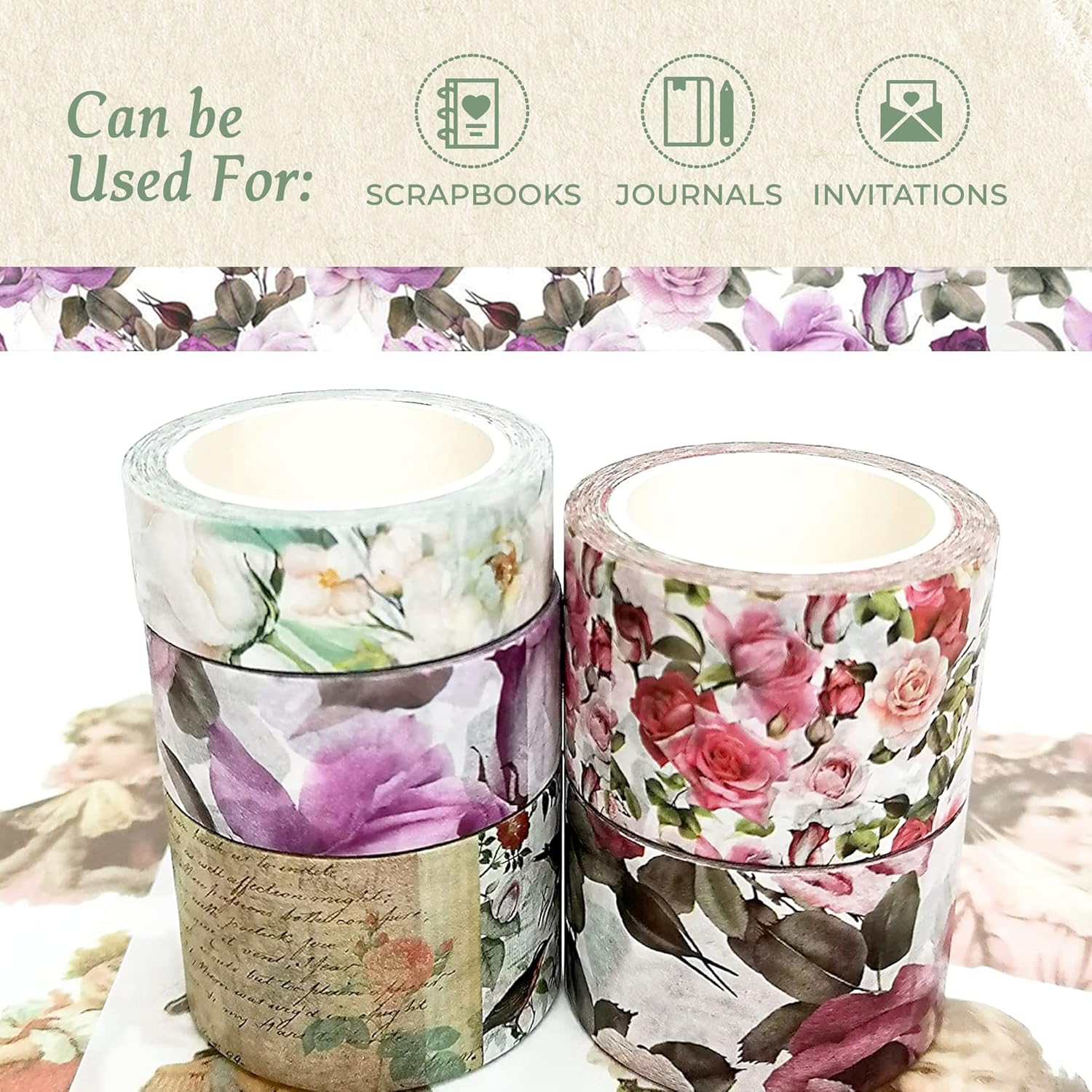 Vintage Victorian Roses washi Tape & Sticker Set. Incl Extra Wide/Long Tapes. for Custom Cards, scrapbooks, Wall Paper Borders, Crafts and Gift Wrapping