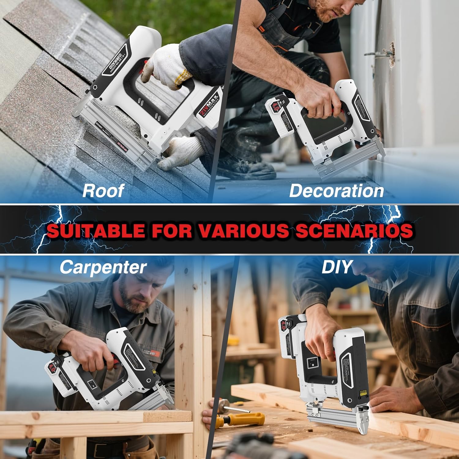 21V Cordless Nail Gun - 18 Gauge 2 in 1 Battery Powered Electric Brad Nailer with 2 x 4.0Ah Batteries & Charger & 1000 Nails & 1000 Staples for DIY & Home Improvement & Wood Working