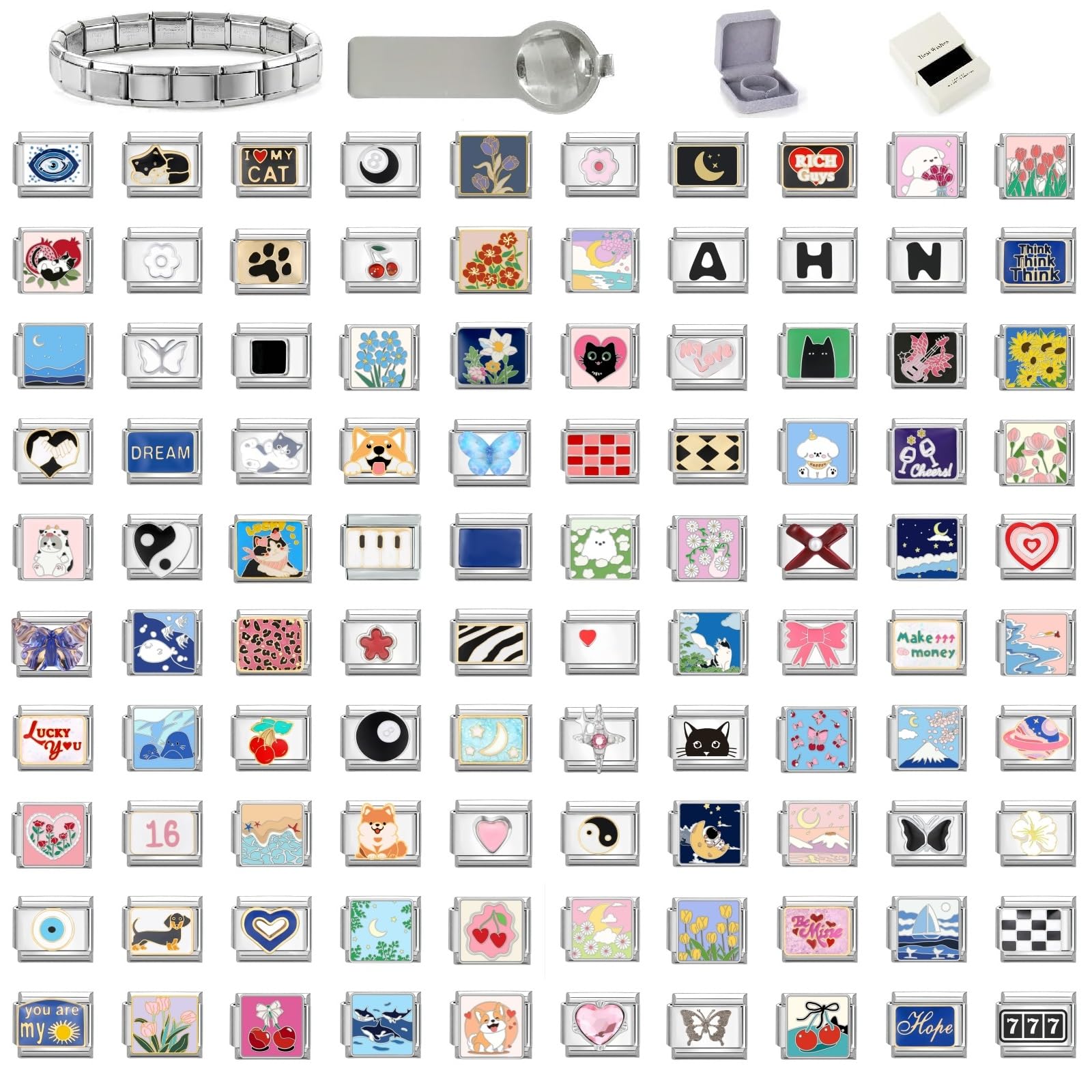 papasgix Customized Italian Charm Bracelet - Personalized Choose 10 from 100 Charms, 10mm*9mm DIY Italian Bracelet with Tool for Women Men Stainless