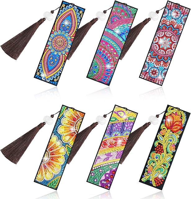 EEEKit 6 Pack Diamond Painting Bookmark,5D Beaded Diamond Art Painting Bookmark Kit,PU Leather Art DIY Bookmarks with Tassels for Adults Kids Beginner Crafts Supplies Birthday Gift