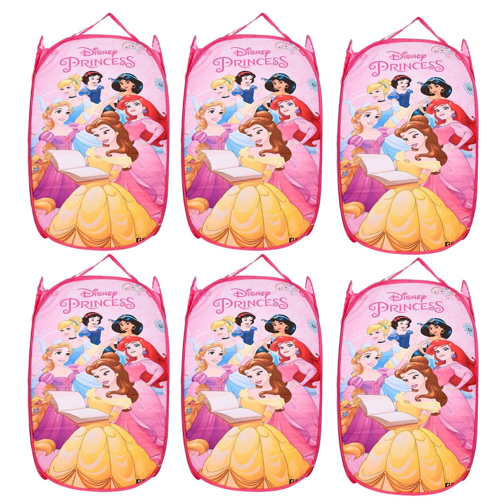 Kuber Industries (Pack of 6) Mesh Laundry Basket | Disney Princess Print | 30 Ltr-Foldable Toy Storage Basket | Nylon Waste Clothes Laundry with Handle | Pink