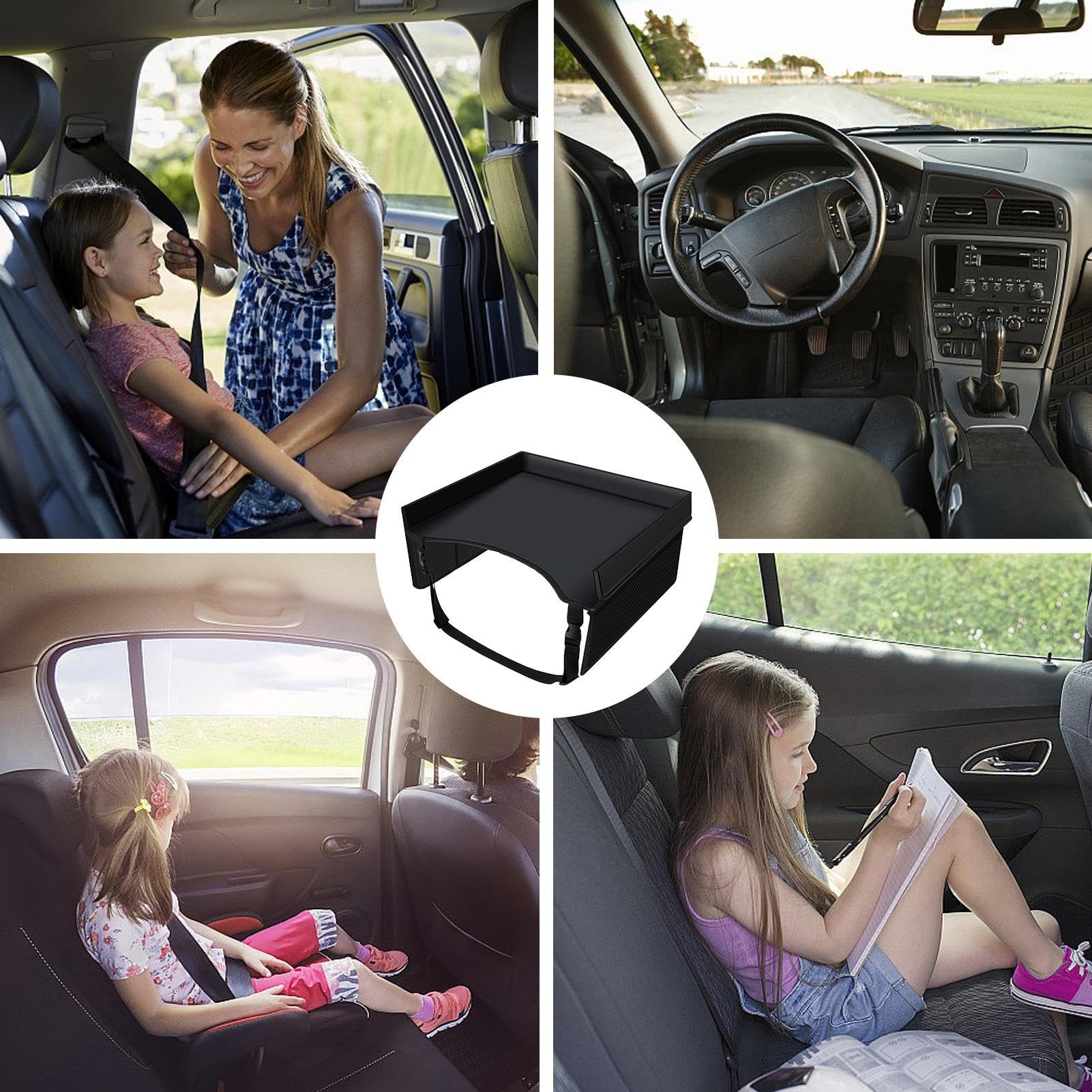Bandeja de coche para niños - Mesa de viaje plegable con organizador, correas ajustables, ideal para viajes largos en coche o avión, negro