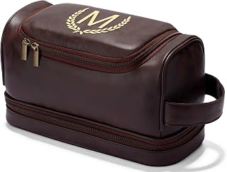 OXYEFEI Personalized Toiletry Bag for Men,Personalized Gifts for Men for Husband Dad, Custom Monogrammed PU Leather Waterproof Mens Toiletry Travel Essential Dopp Kit Shaving Bag (M, Tea Brown)
