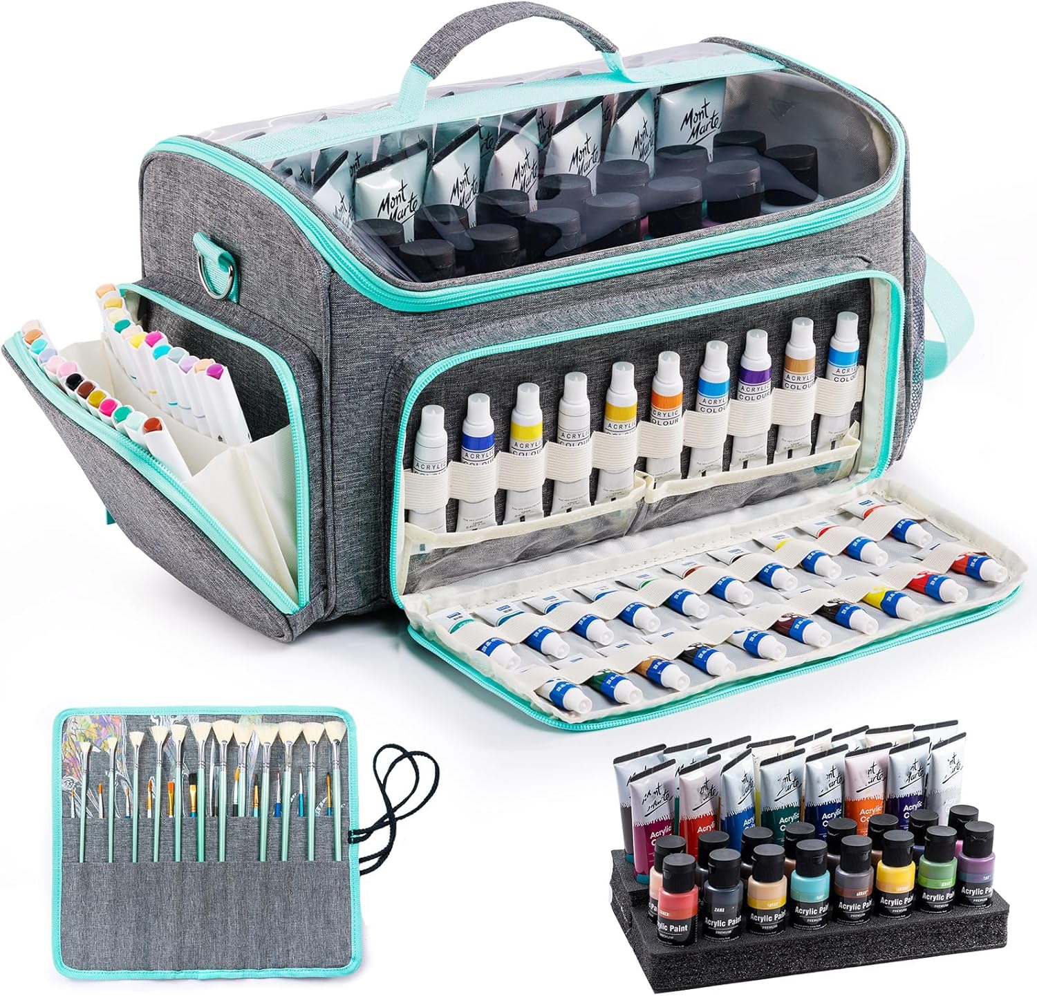 SFYBYHEART Acrylic Paint Organizer Bag with Washable Roll-Up Brush Holder, Large Art Supply Case, Craft Organizer with Foam Inserts for Apple Barrel, Shuttle Art, Caliart Art Supplies Storage Bag