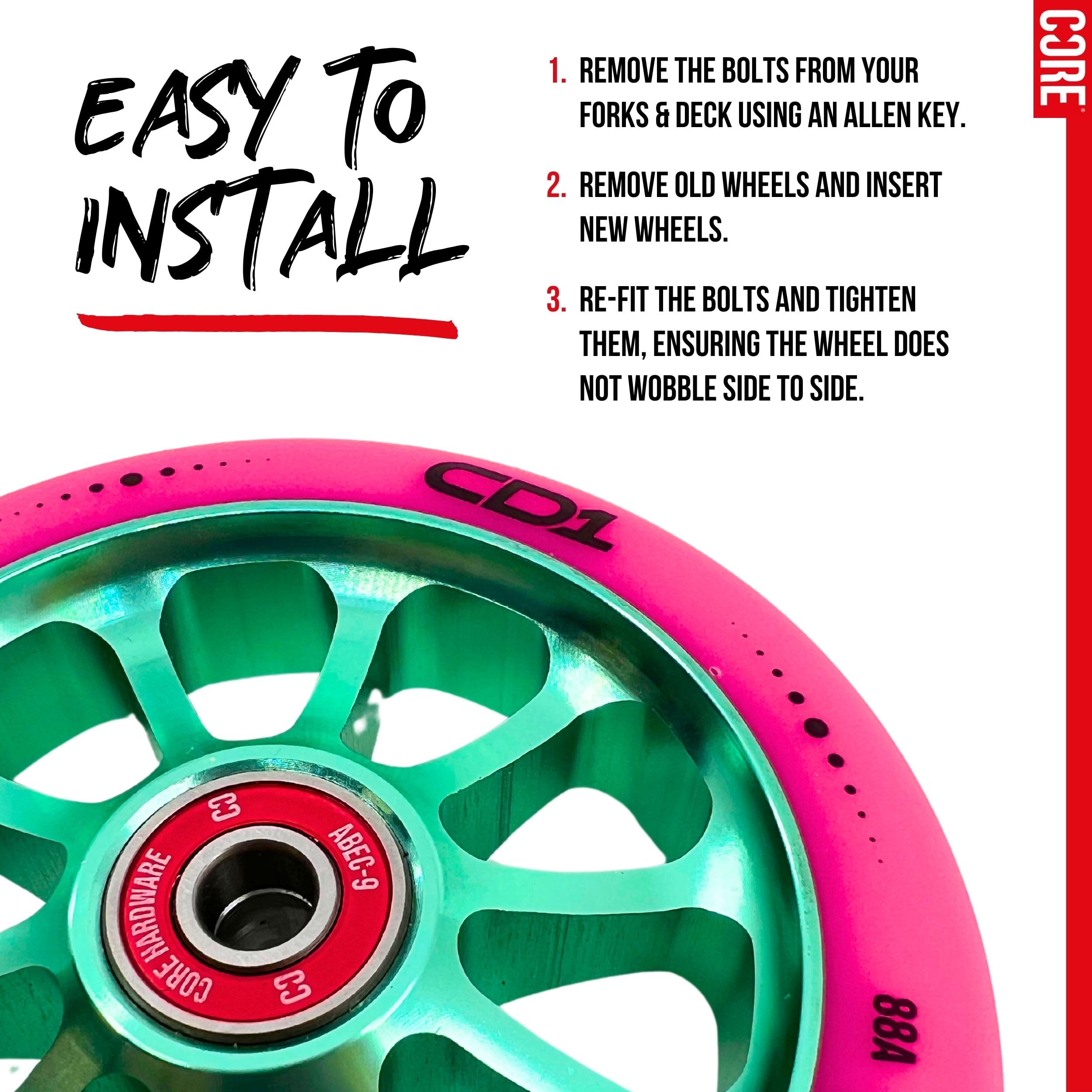 CORE CD1 - Rueda de patinete con radios ABEC 9 de 110 mm (ruedas de repuesto para patinete profesional), color rosa y verde azulado