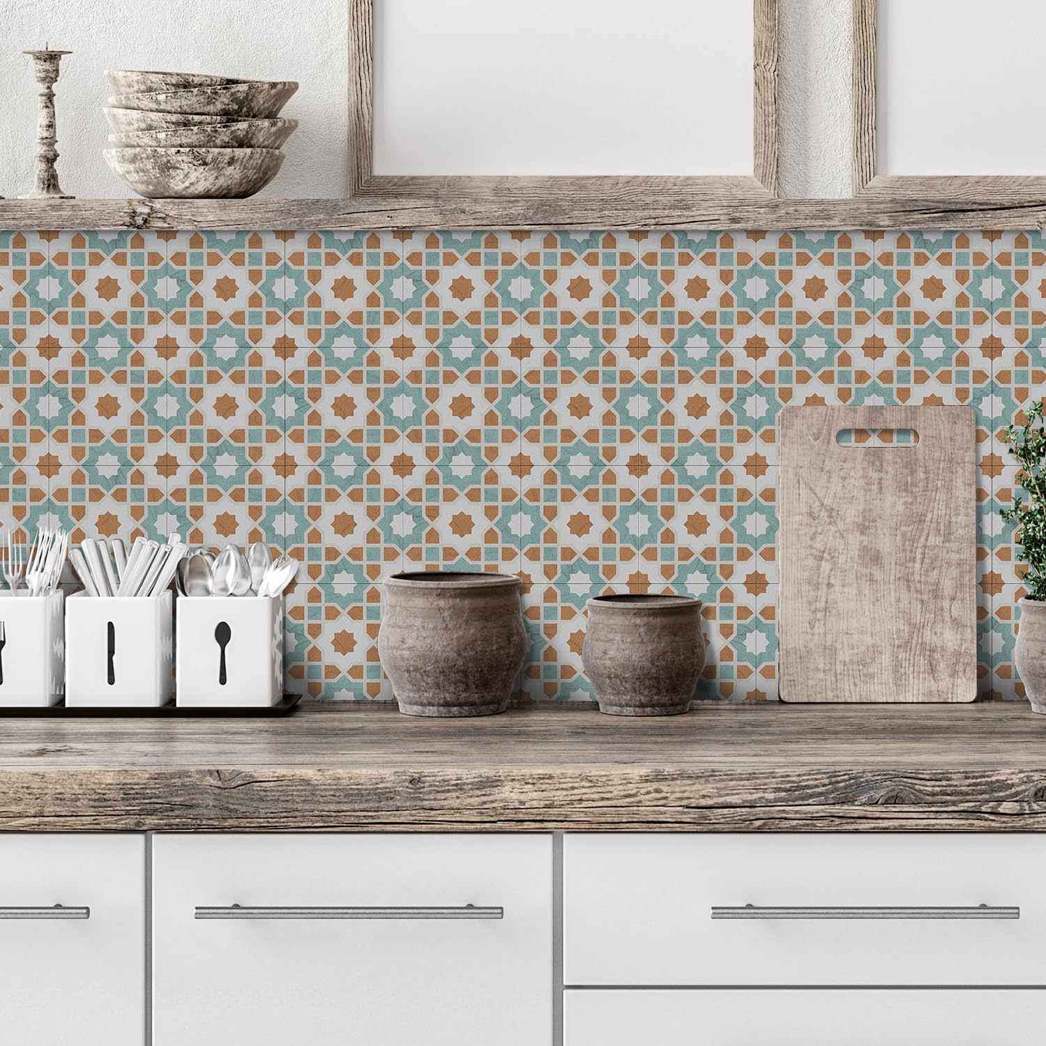 Fliesenaufkleber Blumengeometrie Für Küche Und Bad,Vinyl-Küchenrückwand Klebefliesen,Wasserdicht Ölfest ​Klebefliesen Küche Zum Abziehen Und Aufkleben,Pvc Fliesenaufkleber Bad 8 PC(20x20cm)