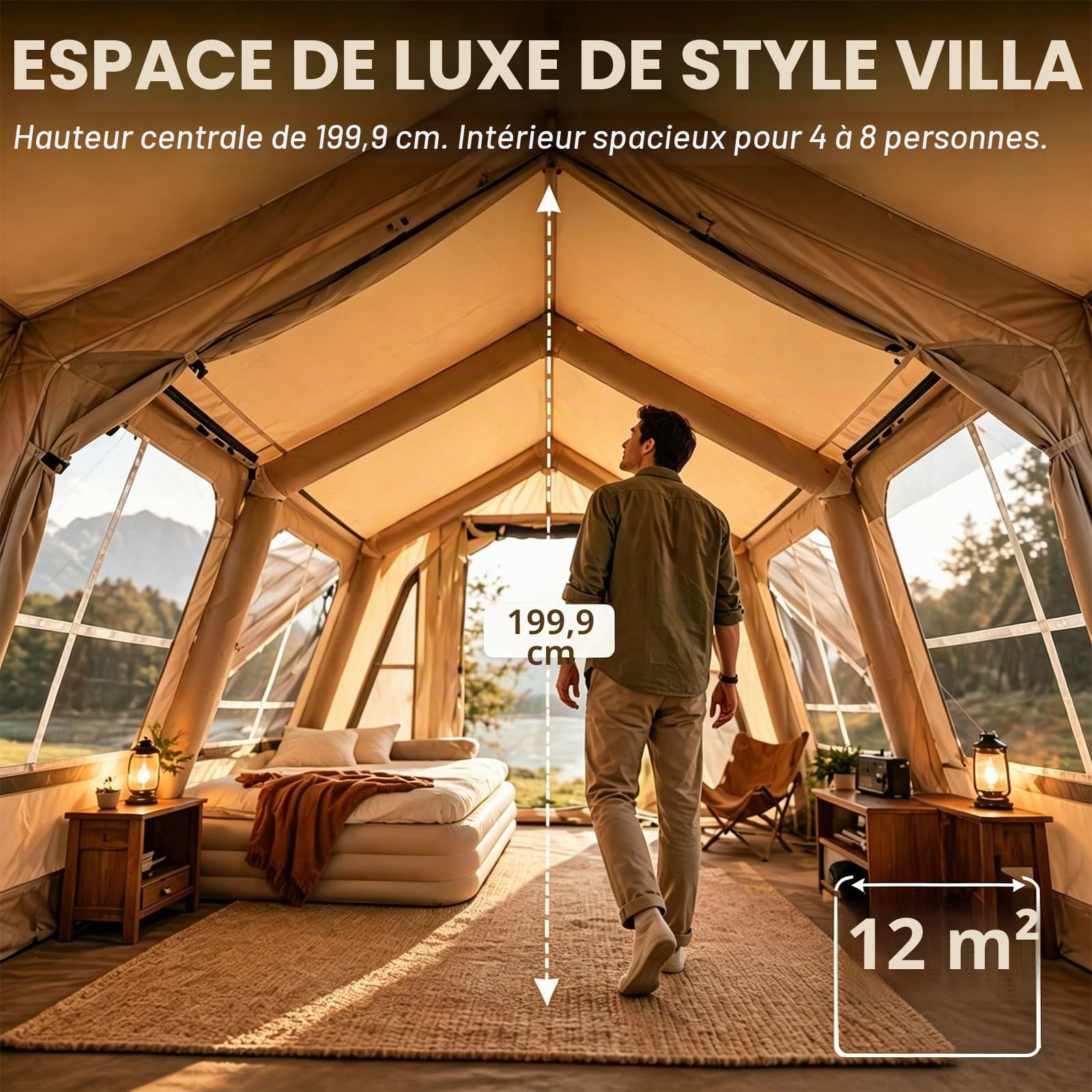 Tente Gonflable Camping 4-8 Personnes, Grande Tente Familiale avec Pompe Électrique, Tente Glamping 4 Saisons avec Jack de Poêle, Abri Extérieur Résistant à la Pluie