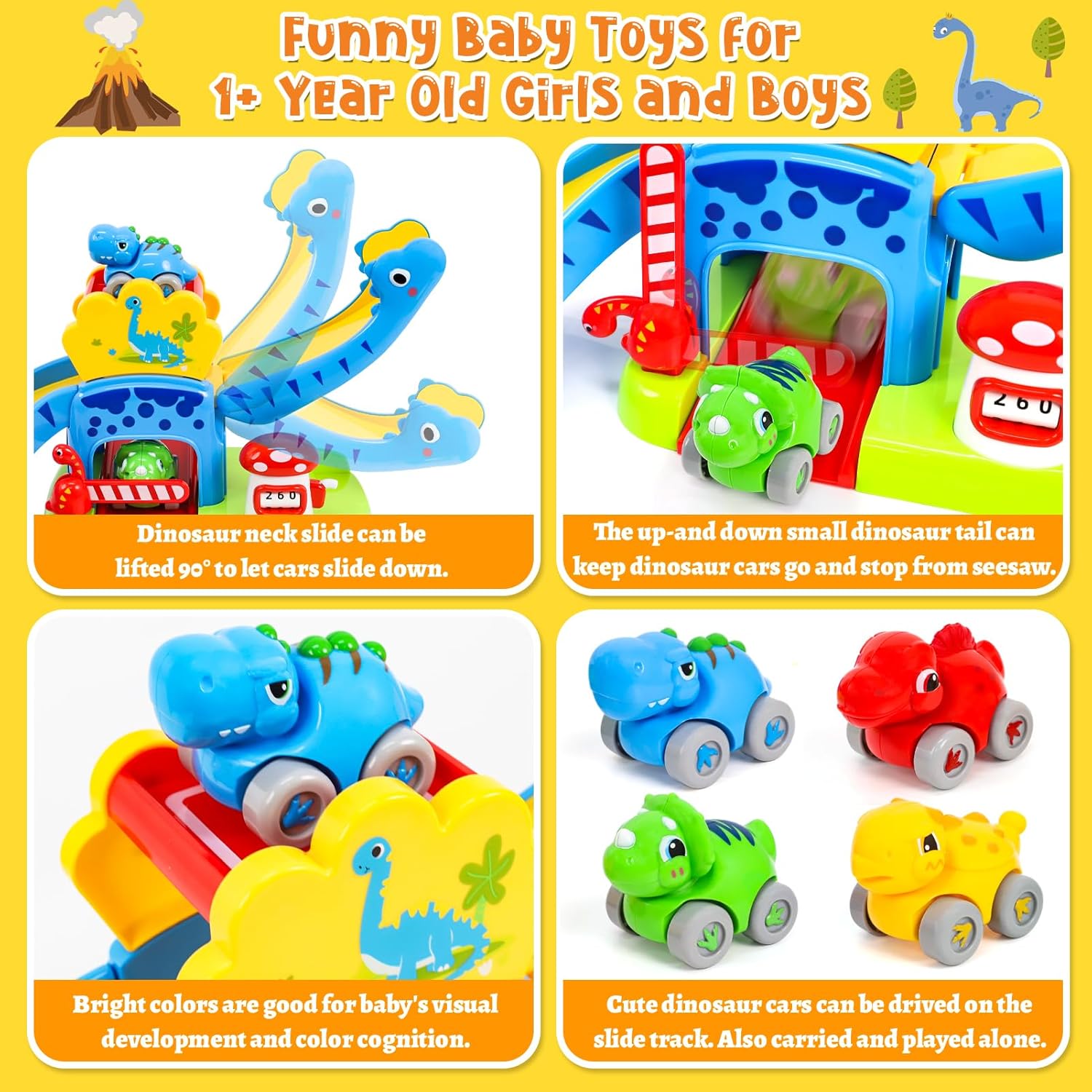 YGJT Toddler Toys for 1-3 Year Old Boys and Girls, Dinosaur Slide with 4 Dino Cars Montessori Toys Set for Baby 12-18 Months, Educational First Birthday Gifts Learning Push Track for Children Ages 1-3