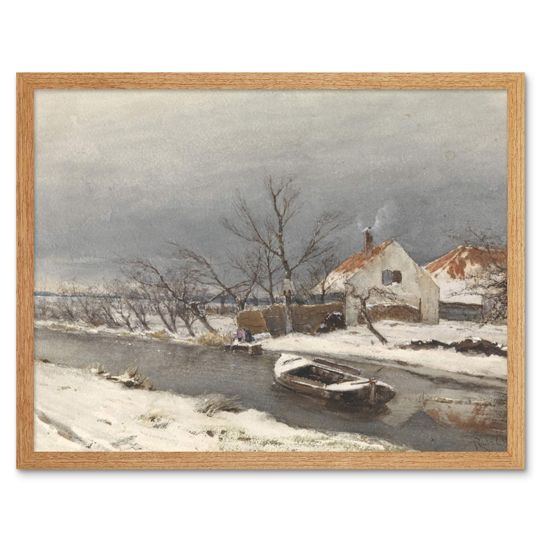 Artery8 Louis Apol Winter Landscape Houses Canal Painting Art Print Framed Poster Wall Decor 12x16 inch