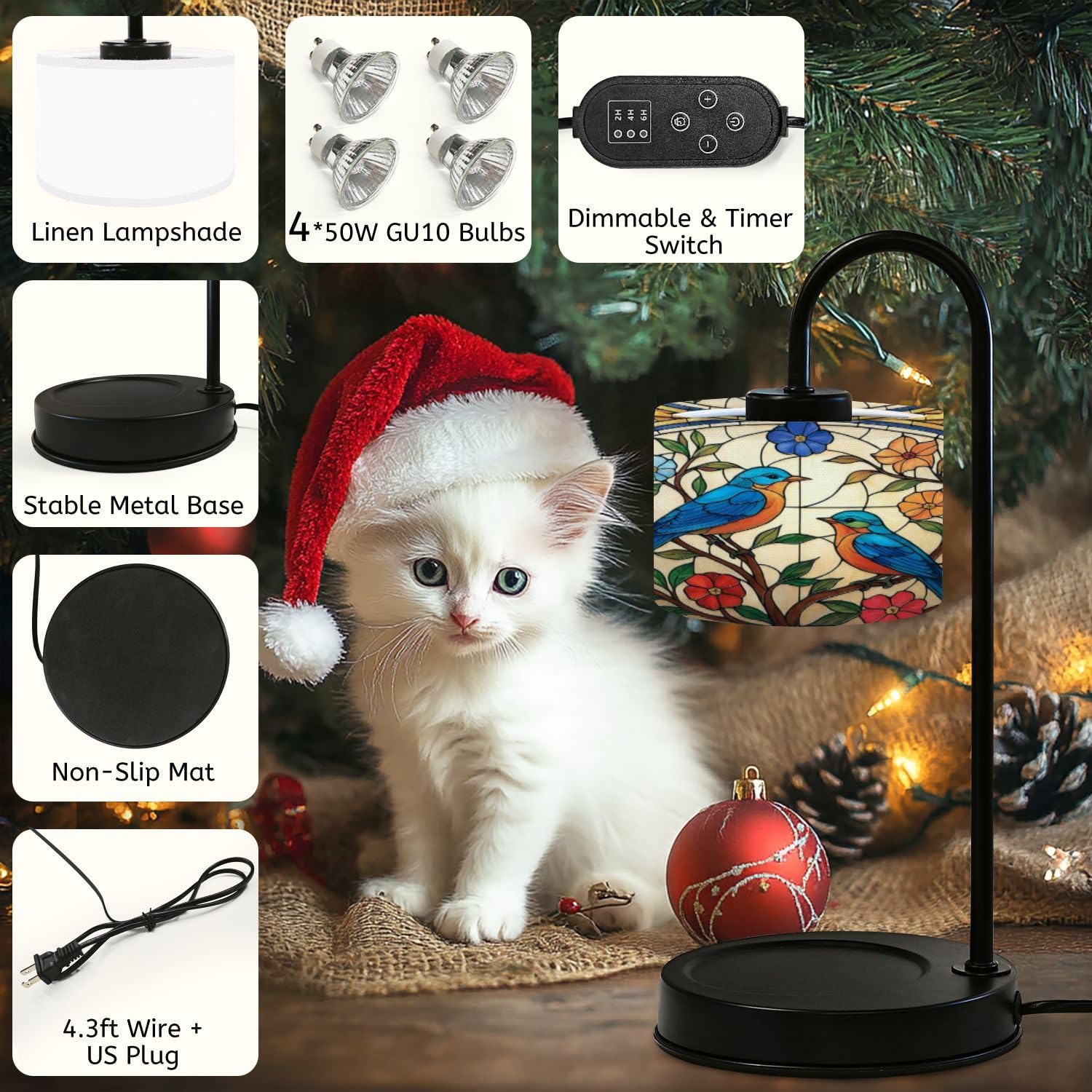 Candle Warmer Lamp with Timer Stained Glass Art Bluebirds Flowering Branches Vibrant Colors Dimmable Wax Warmer with 4 Bulbs for Jar Candles Women Birthday Gifts House Warming New Home Decor