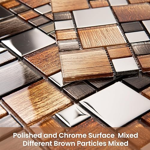Miniatura 7 de Adedeo Azulejo de mosaico de vidrio marrón y plateado de 12 x 12 pulgadas para pared de baño de cocina, salpicaduras de pared (paquete de 5, 5 pies