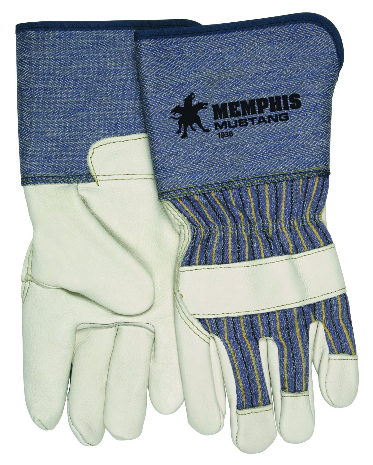 MCR Safety 1936L Mustang Full Grain Cow Leather Premium Grade Palm Gloves with 4-1/2-Inch Rubberized Gauntlet Cuffs, Cream, Large, 1-Pair,Blue/ White