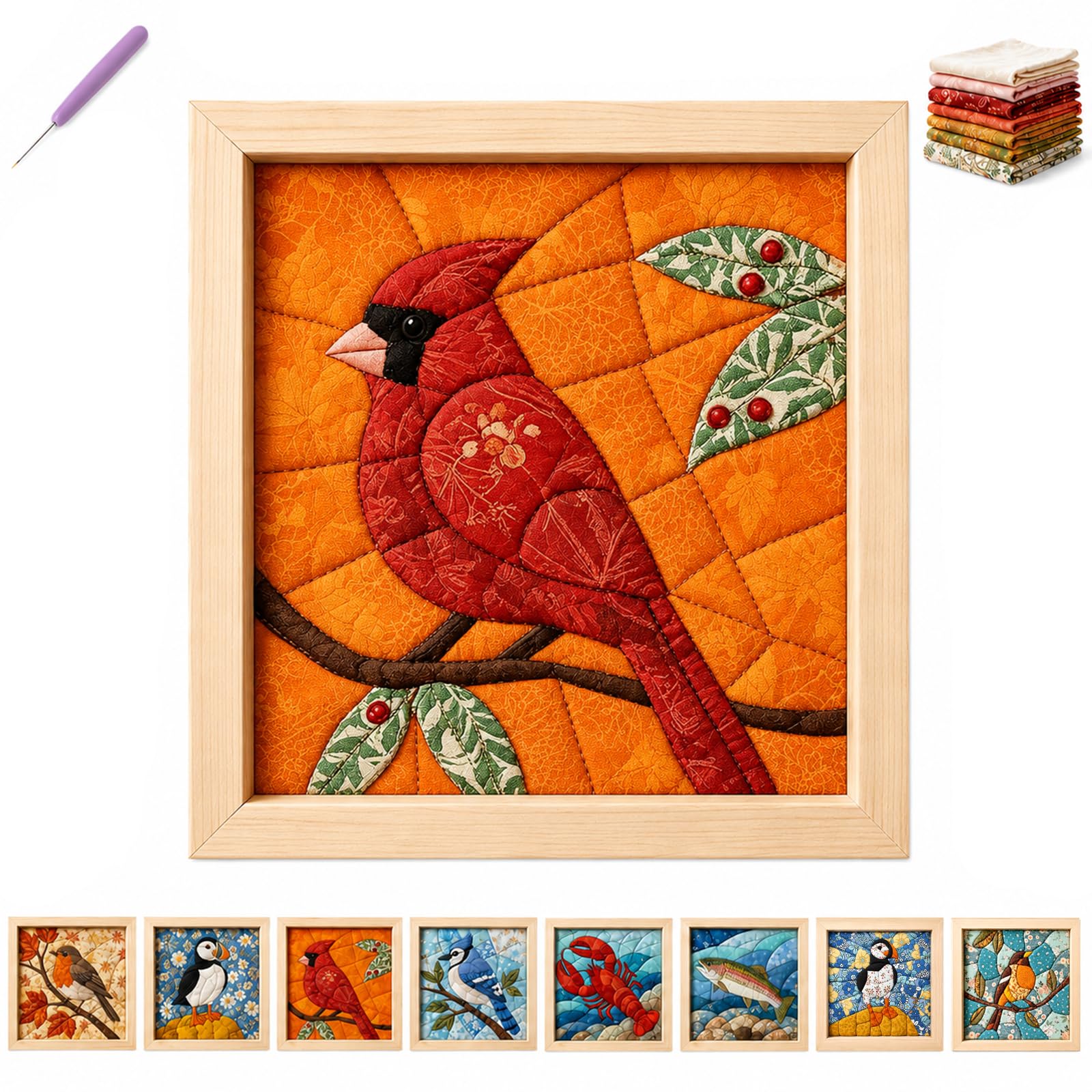 No-Sew DIY Kinusaiga Fabric Art Kit, with Frame & Tools, A03, Animal Series
