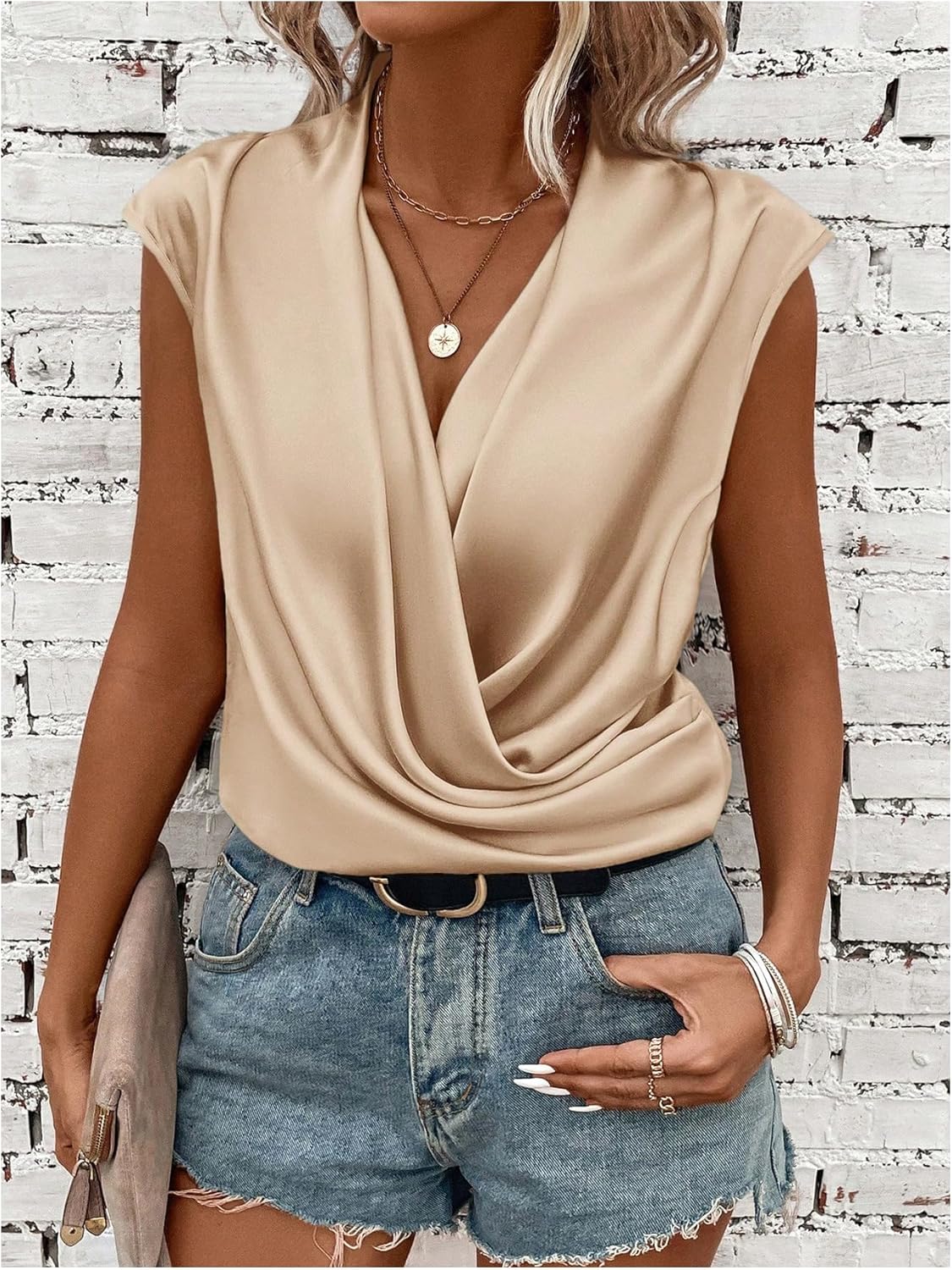 OYOANGLE Women's Cap Sleeve Draped Front Ruched Bodysuit Elegant Dressy Casual Body Suit Top - Image 4