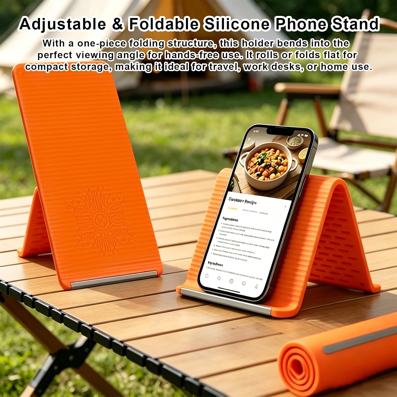 Portable Foldable Silicone Aluminum Phone Holder, Upgrade Flexible Silicone Phone Stand, Universal Adjustable Anti-Slip Desktop Mount for Home Office Travel (Orange)