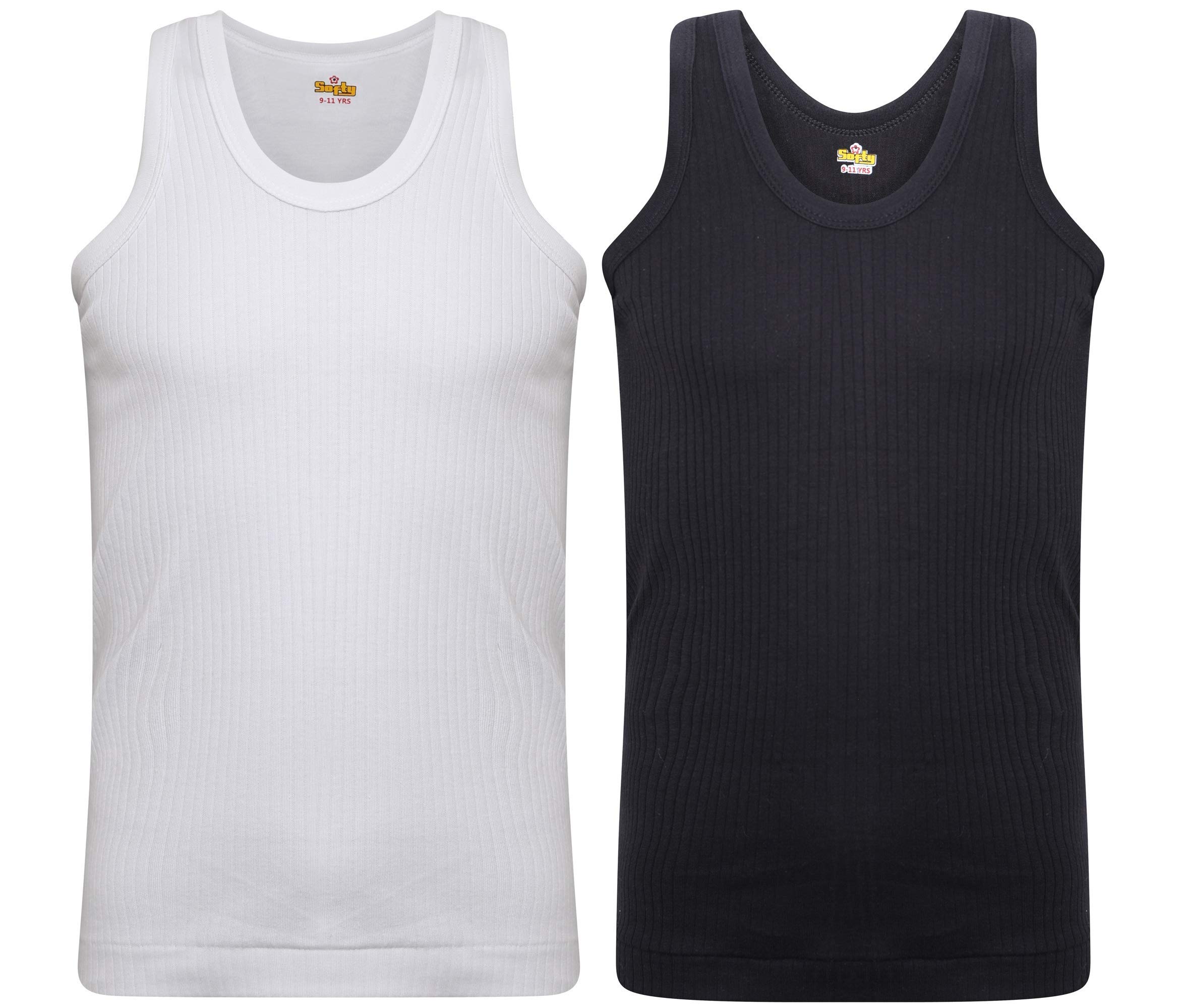 SOFTY® 4X Kids Boys Children Vests Cotton Sleeveless Rib Tank Schoolwear Handmade (7-8 Year, 2X Black + 2X White)