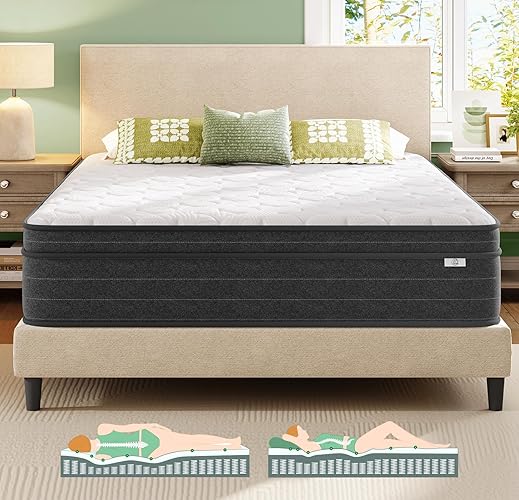 koorlian Queen Mattress 10 Inch - Cooling Hybrid Mattress in a Box for Back Pain Relief - Pocket Spring & Memory Foam | Fiberglass-Free, Medium Firm Feel, CertiPUR-US, 120 Nights Trial - Grey - Queen - 10" Grey