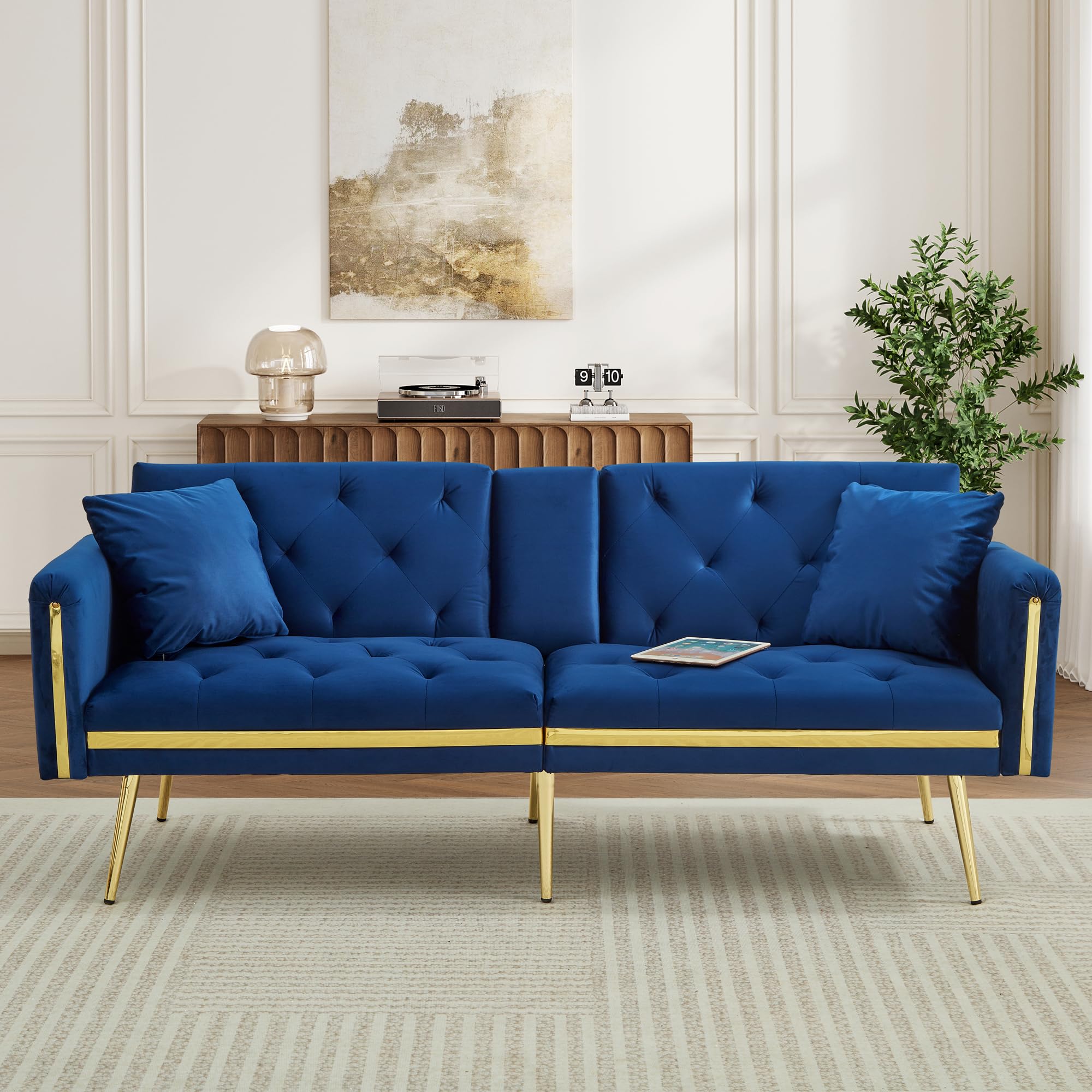 Merax Sofa Bed 2 Seater, 3-Gear Back Angle Adjustable Foldable Futon Sofa Couch, Convertible Sofabed Settee with 2 Bolster Pillows, 2 Cup Holders, 174 * 76 * 71.5cm, Dark Blue/Velvet — image 1