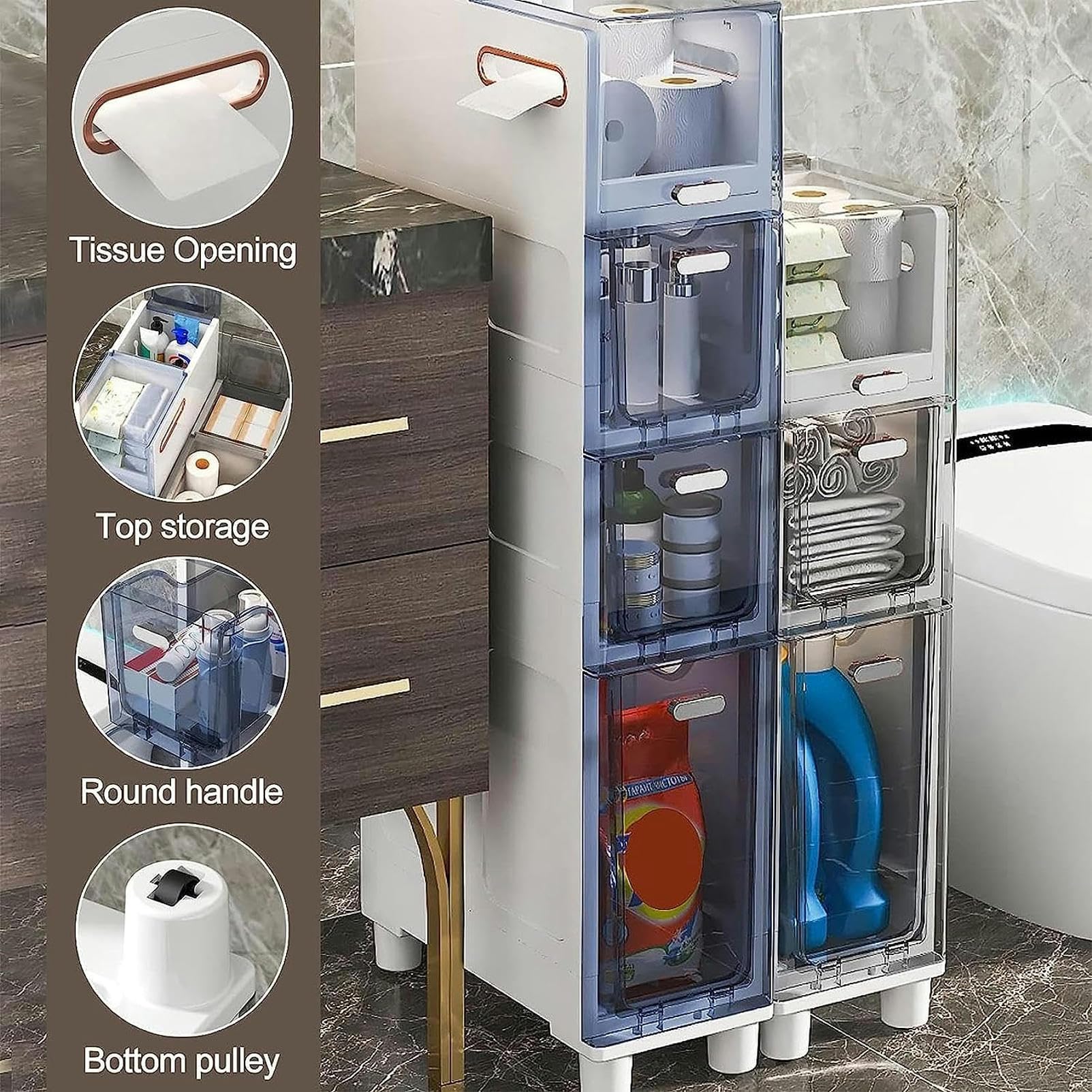 Cajones de almacenamiento apilables, gabinete de piso Estrecho para baño, gabinete de almacenamiento Delgado para inodoro, Torre de almacenamiento con cajones Transparent