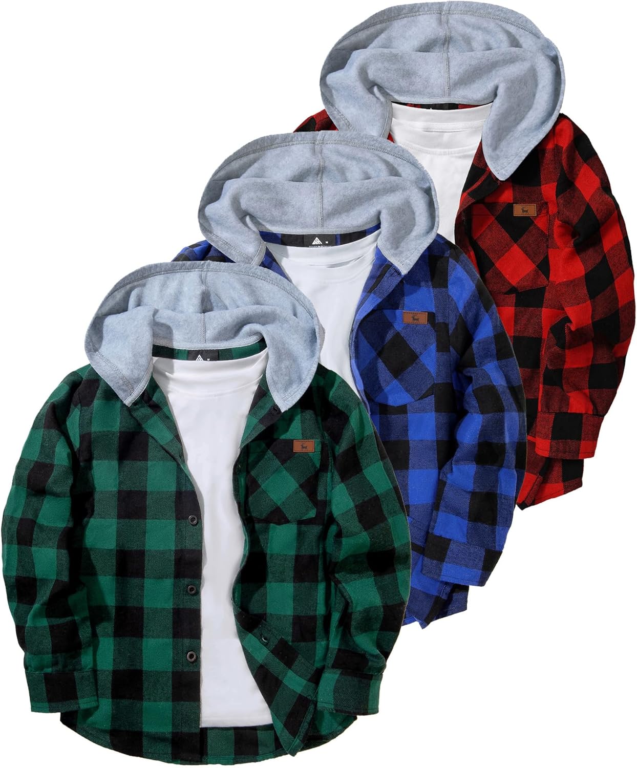 GEEK LIGHTING 3 Pack Boys Girls Plaid Flannel Shirts Unisex Kids Long Sleeve Casual Button Down Shirts with Hood