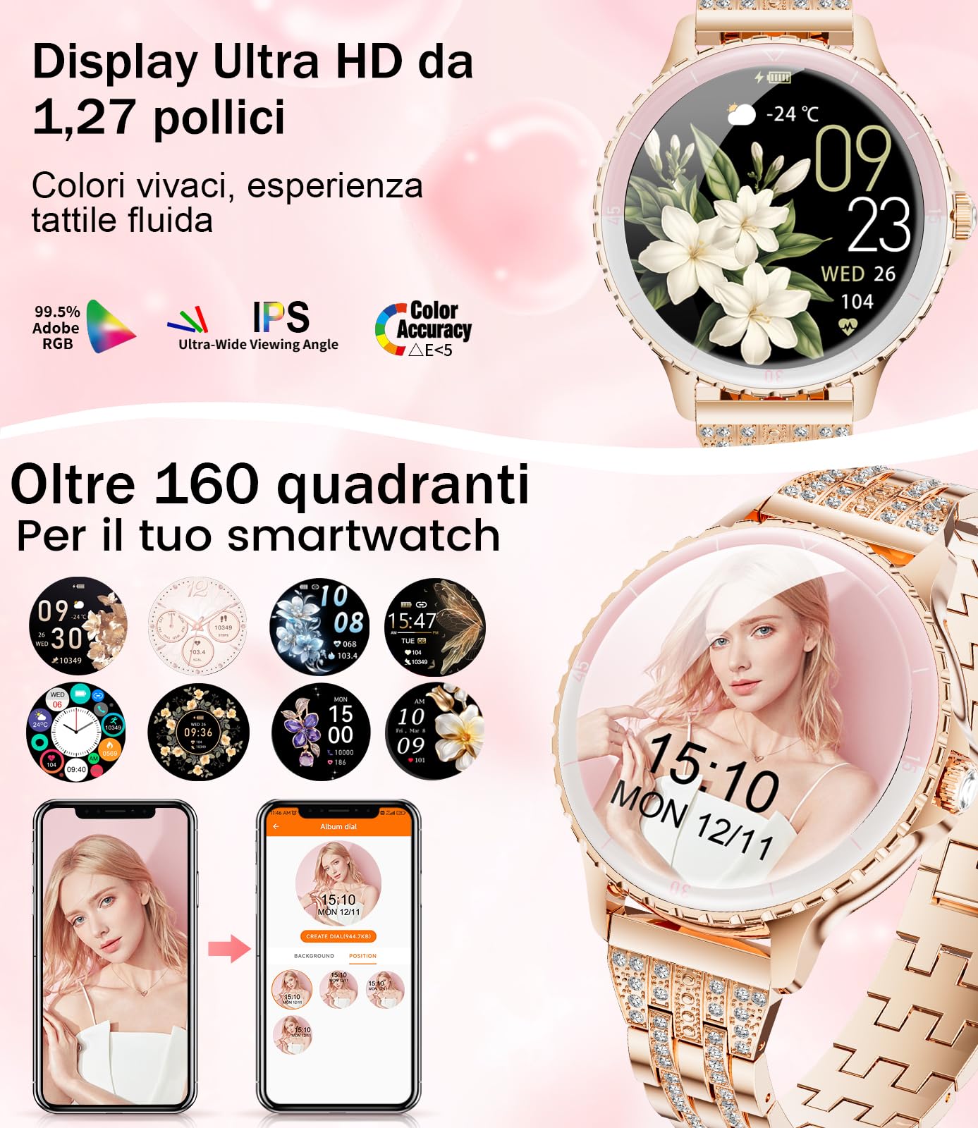 LIGE Smartwatch per Donna, Chiamata Telefonica, 1,27 Pollici HD, Rotondo, Elegante, Oro Rosa, Acciaio Inossidabile, Diamante, Smartwatch Donna, per Android iOS, 100+ Modalità Sportive, Frequenza