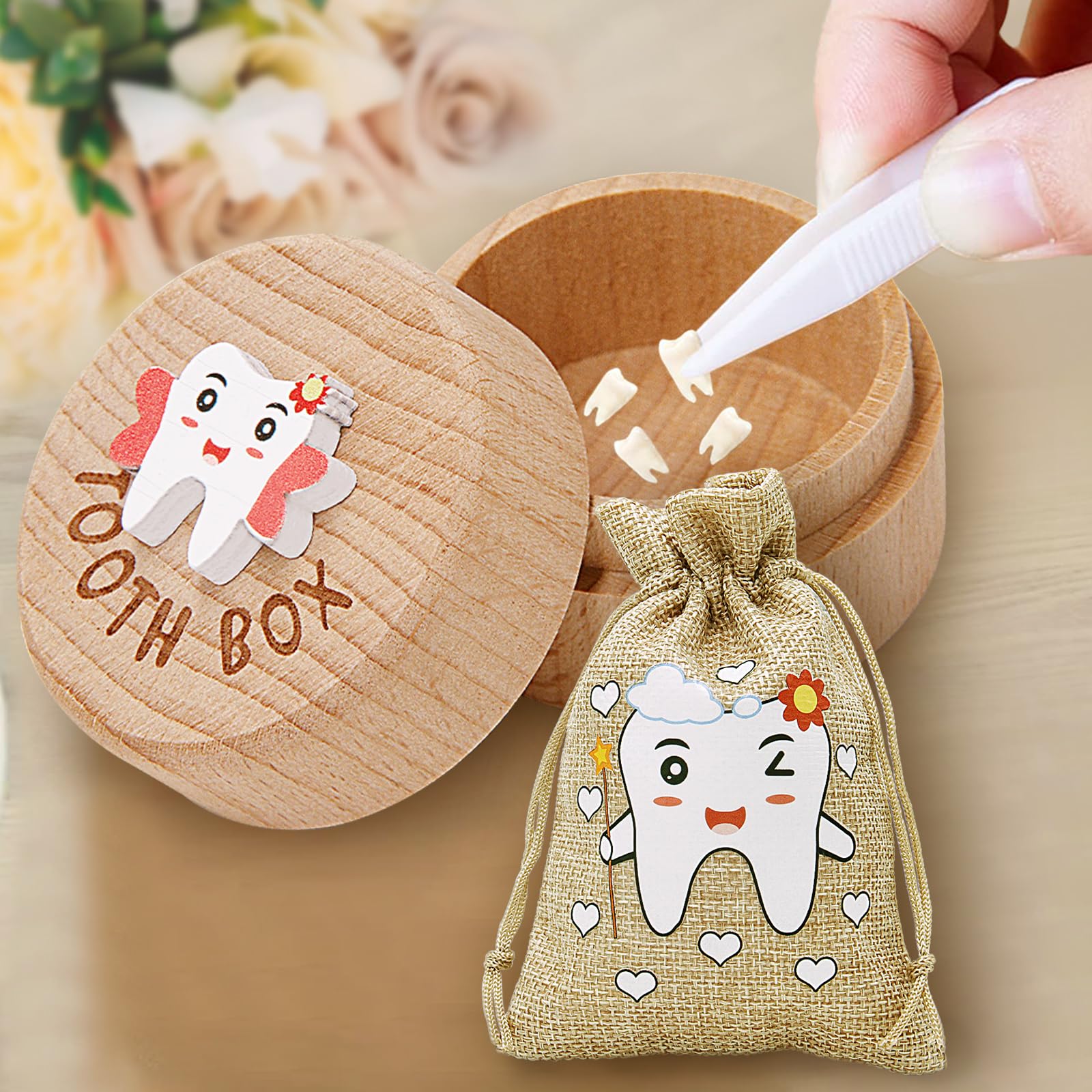 STSAIL Tooth Fairy Box 3D Carved Tooth Fairy Tooth Holder, Baby Tooth Box for Lost Tooth Wooden Tooth Keepsake Box, Tooth Holder for Kids Teeth With Tooth Fairy Bag Storage Toddler Tooth Box Gift - Image 4