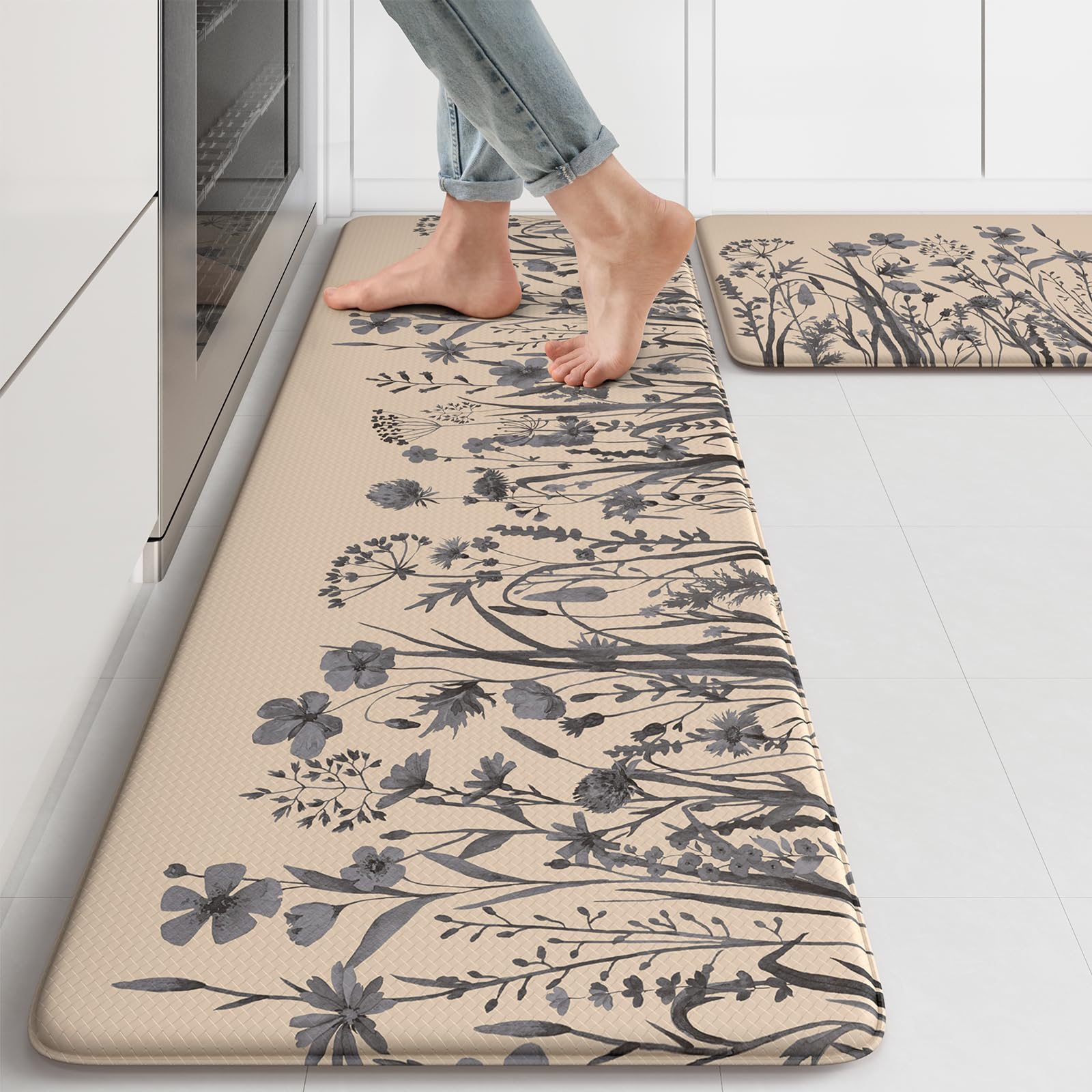 KIMODE Anti Fatigue Kitchen Mats for Floor, Farmhouse Kitchen Rugs Sets of 2, Cushioned Kitchen Floor Mats, Comfort Standing Mat for Sink, Laundry,