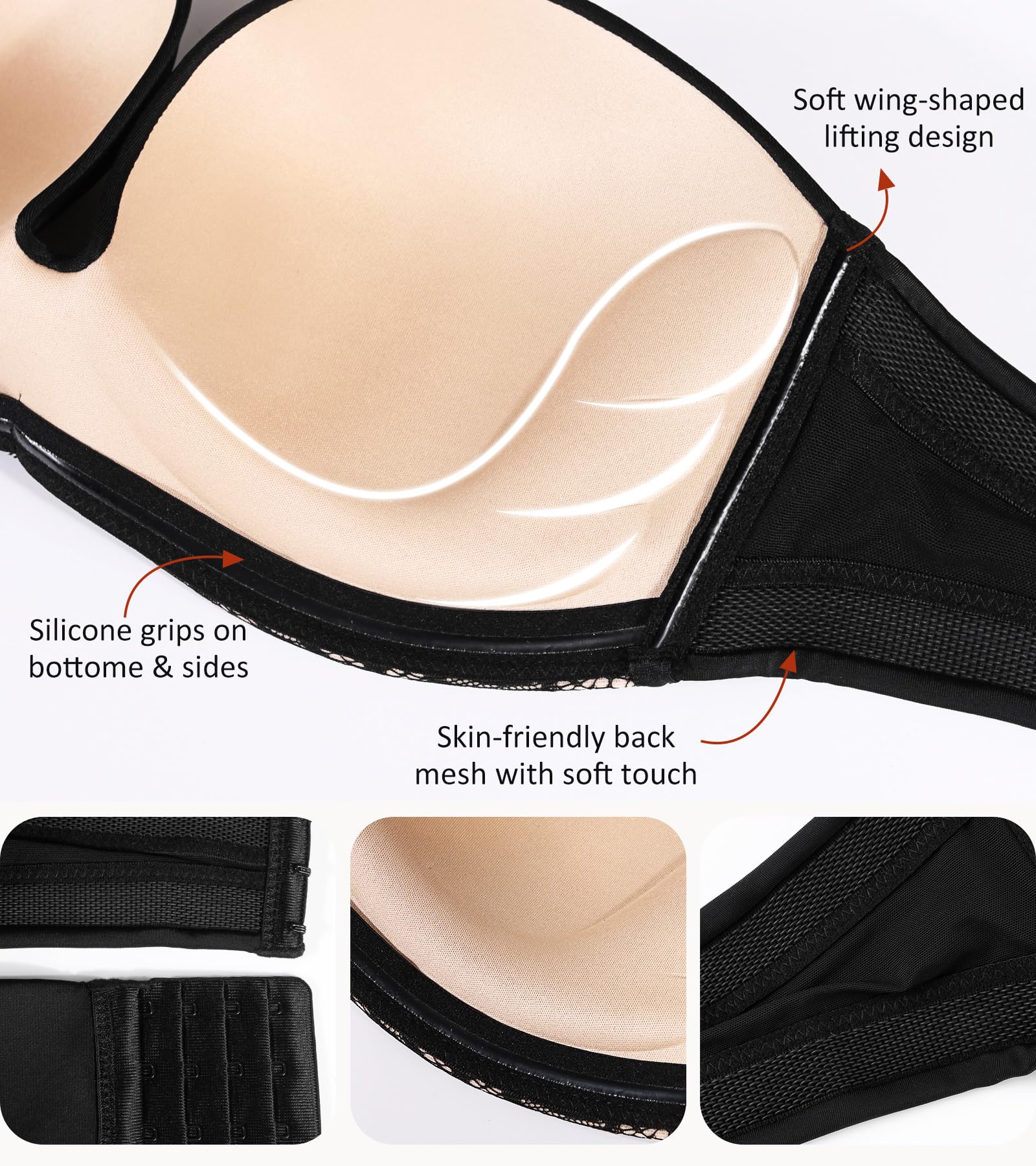 Lemorosy Brasier sin Tirantes para Mujer, sin Varillas, con Relleno, Antideslizante, Invisible, sin Tirantes, Negro -, 95C