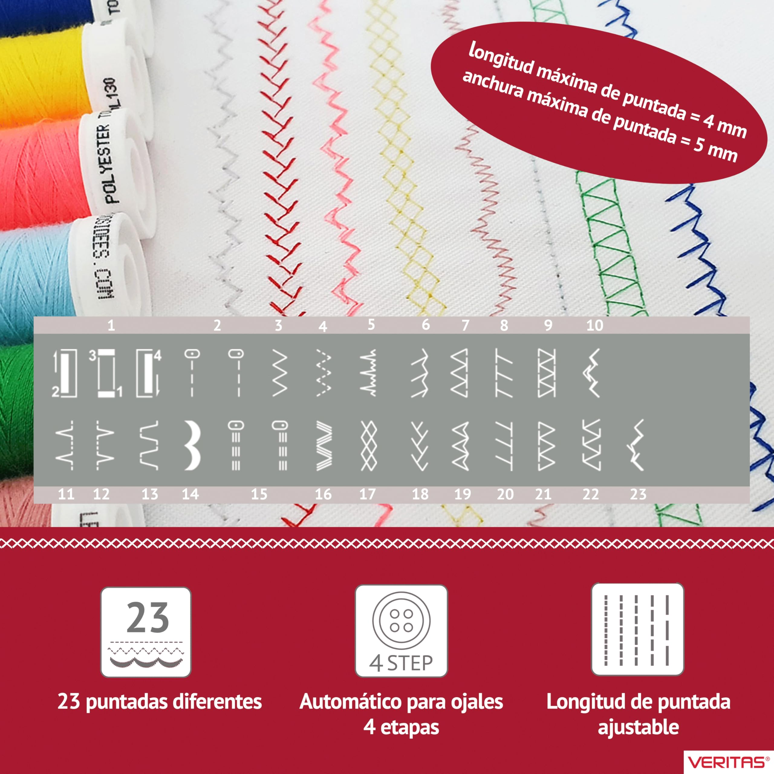VERITAS Máquina de coser Niki I 23 programas de costura I Ayuda para enhebrar I Tensión automática del hilo & Cortador de hilo I Longitud del punto ajustable I Luz LED para coser (blanco-rojo)