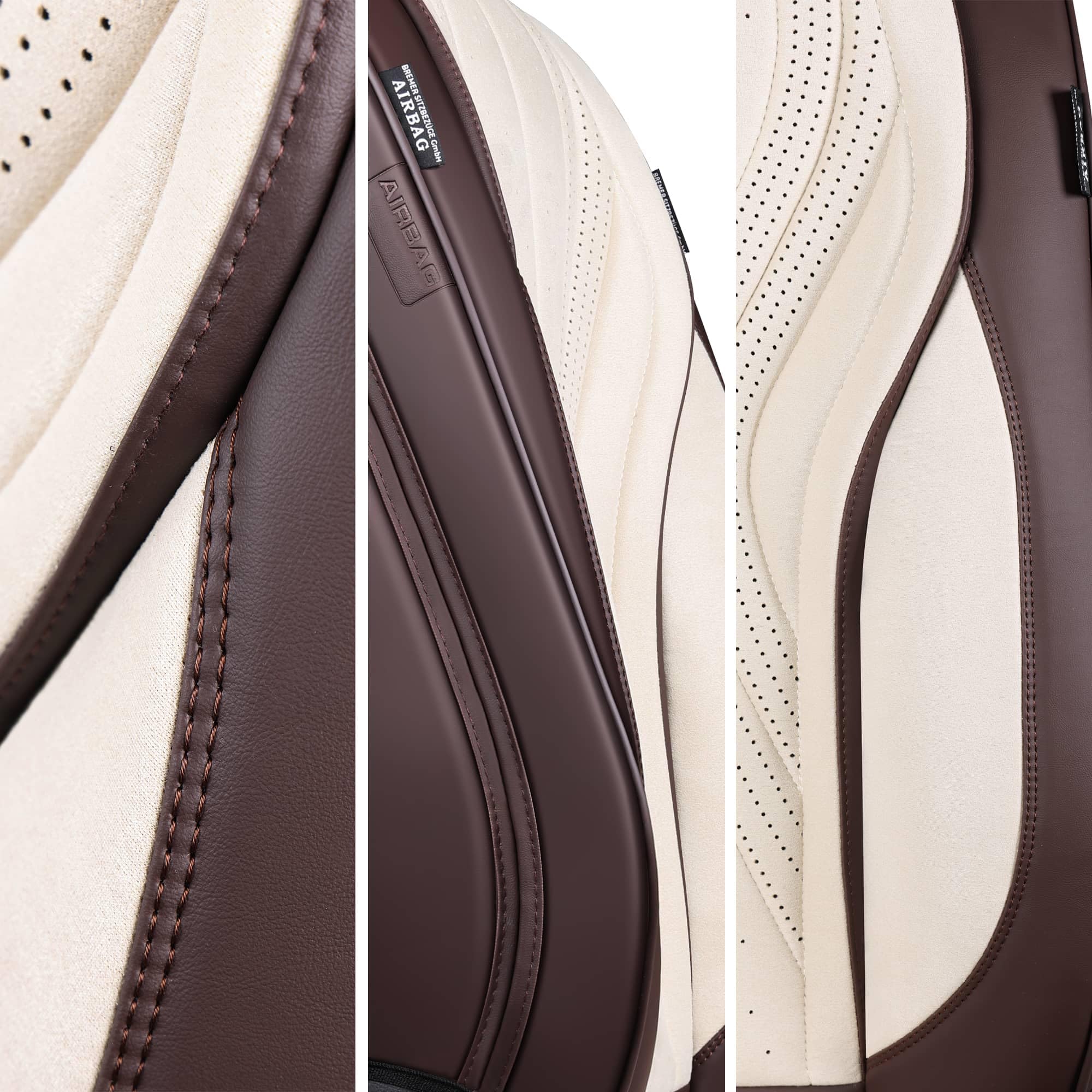 Autositzbezüge Universal für PKW, SUV – Premium Vordersitzbezüge Braun/Beige, hochwertig verarbeitet für mehr Sitzkomfort, Airbag-kompatibel, Schonbezüge für Fahrer & Beifahrersitz mit Rückentasche