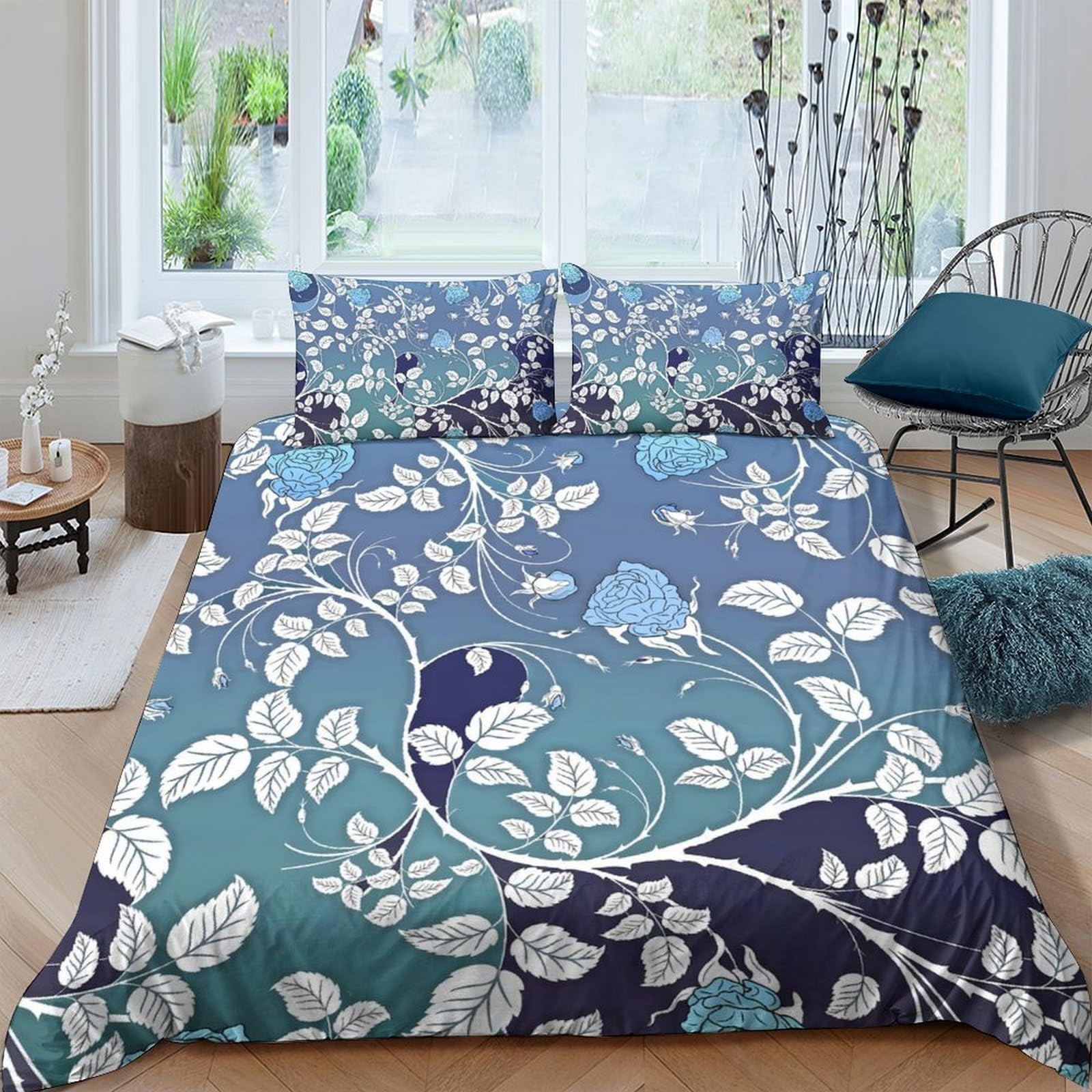 Ctjqhvkz Style-7 3D Printed Blue Leaf Fitted Sheet Microfiber Soft Bedroom Decor Botanical Mattress Cover For Home Dorm Guest Room Single（135X200cm）