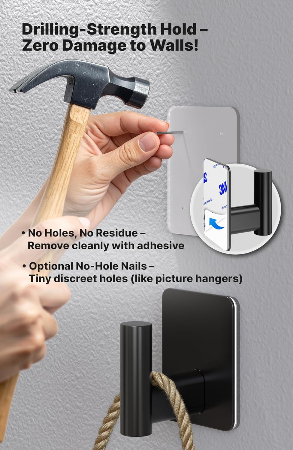4smile Adhesive Towel Hooks for Bathrooms, Set of 4 Black Self-Adhesive Robe Rack, Heavy Duty Hooks - Includes Backup Mounting Nails Black, No Drill Needed