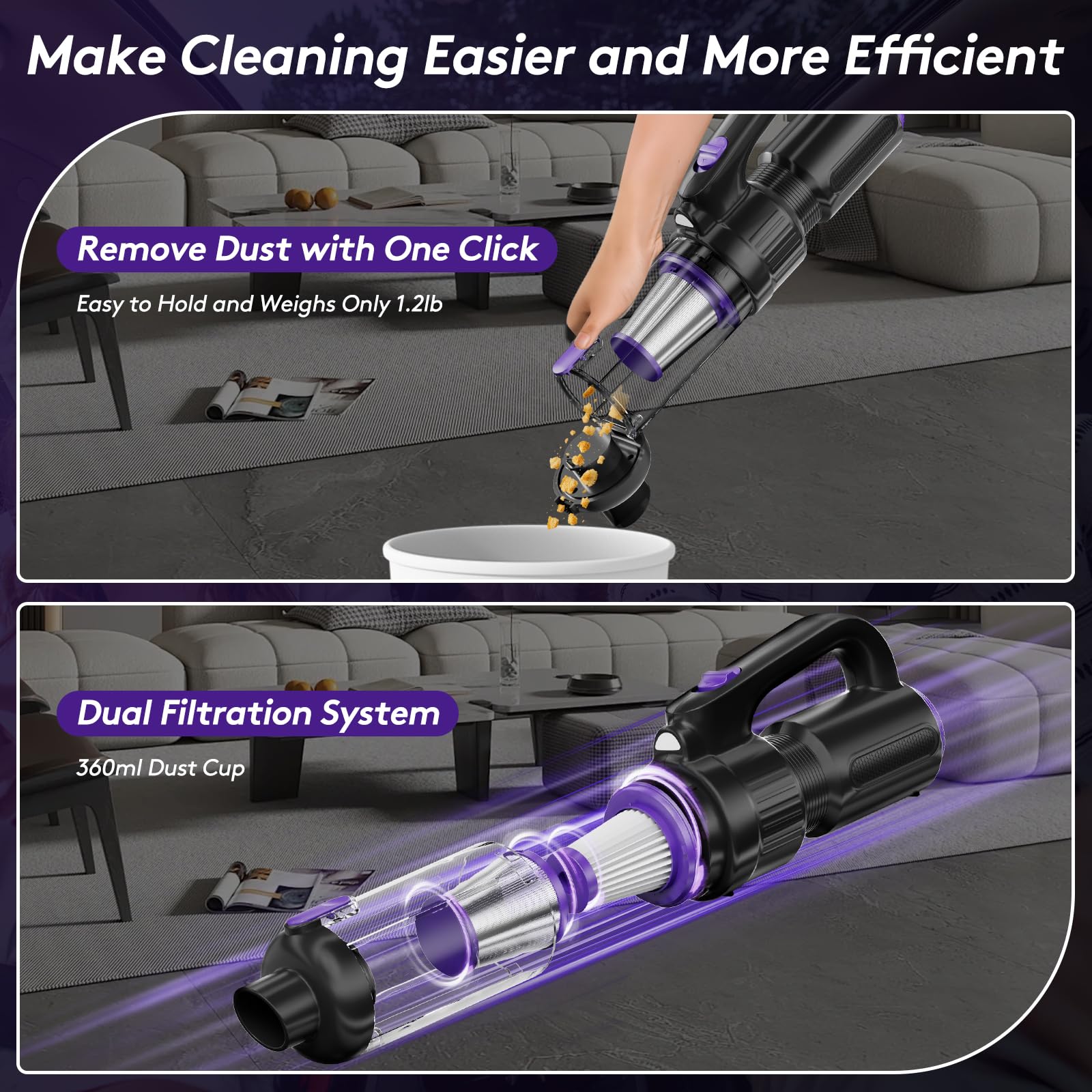 Car Vacuum Portable Cordless 20000Pa Mini Vacuum Cleaner Air Duster 130W Brushless Motor Handheld Vacuum Cordless with LED — view 7