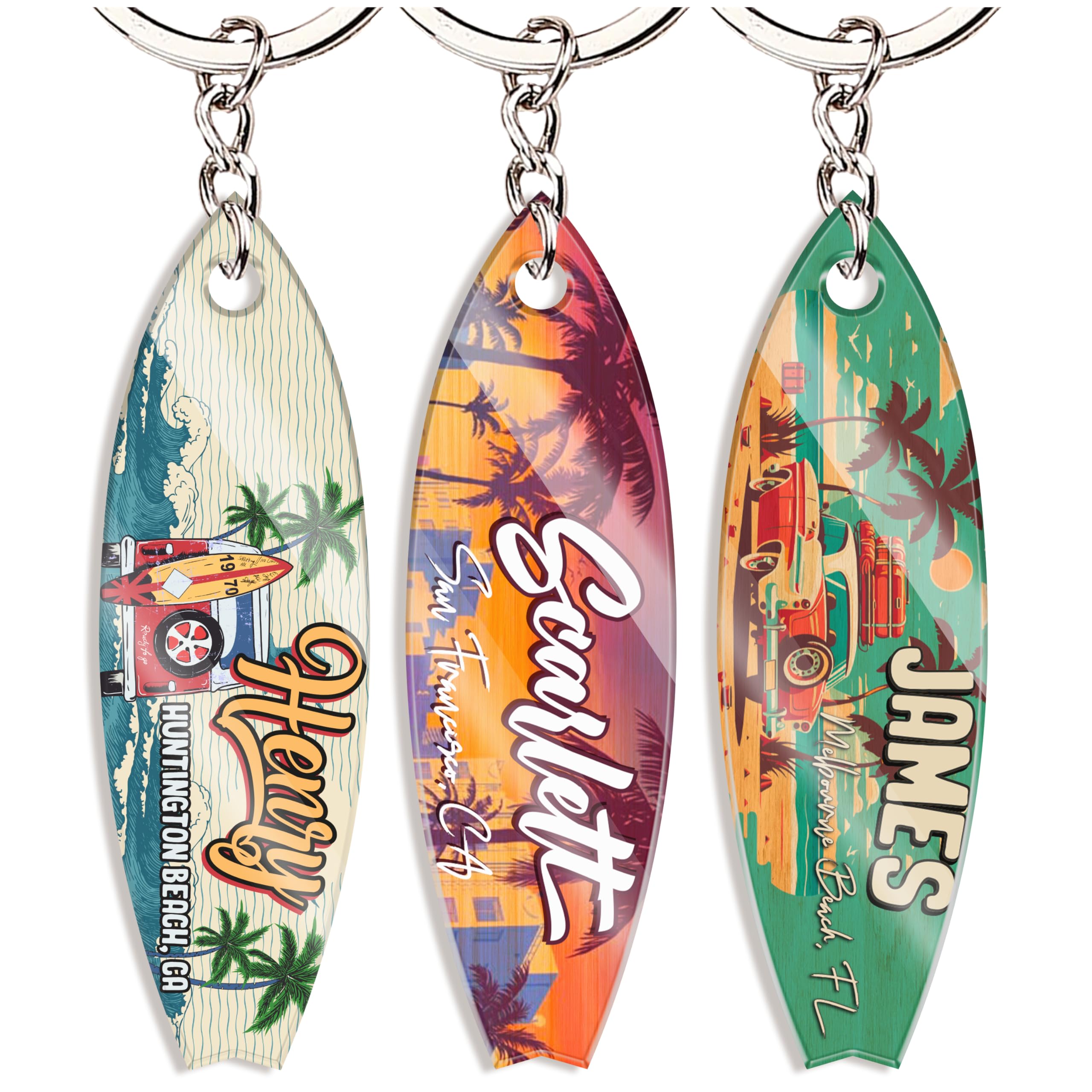 Personalized Acrylic Surfboard Keychain – Custom Name & Beach Location Mini Surf Board Key Ring Gift – Retro Tropical Travel Souvenir for Surfer